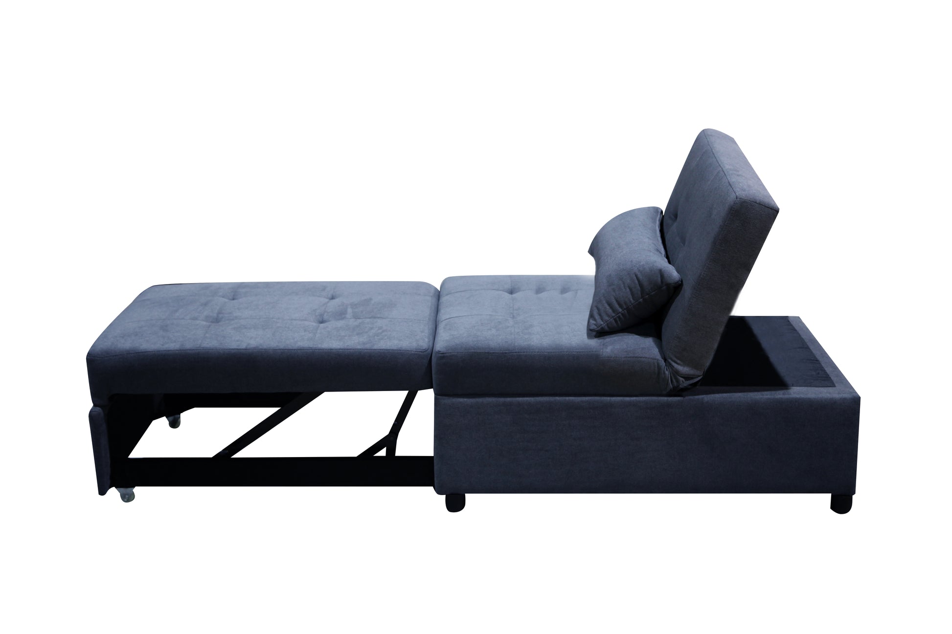 Dark grey fabric convertible sofa bed with storage and plush pillow  characters