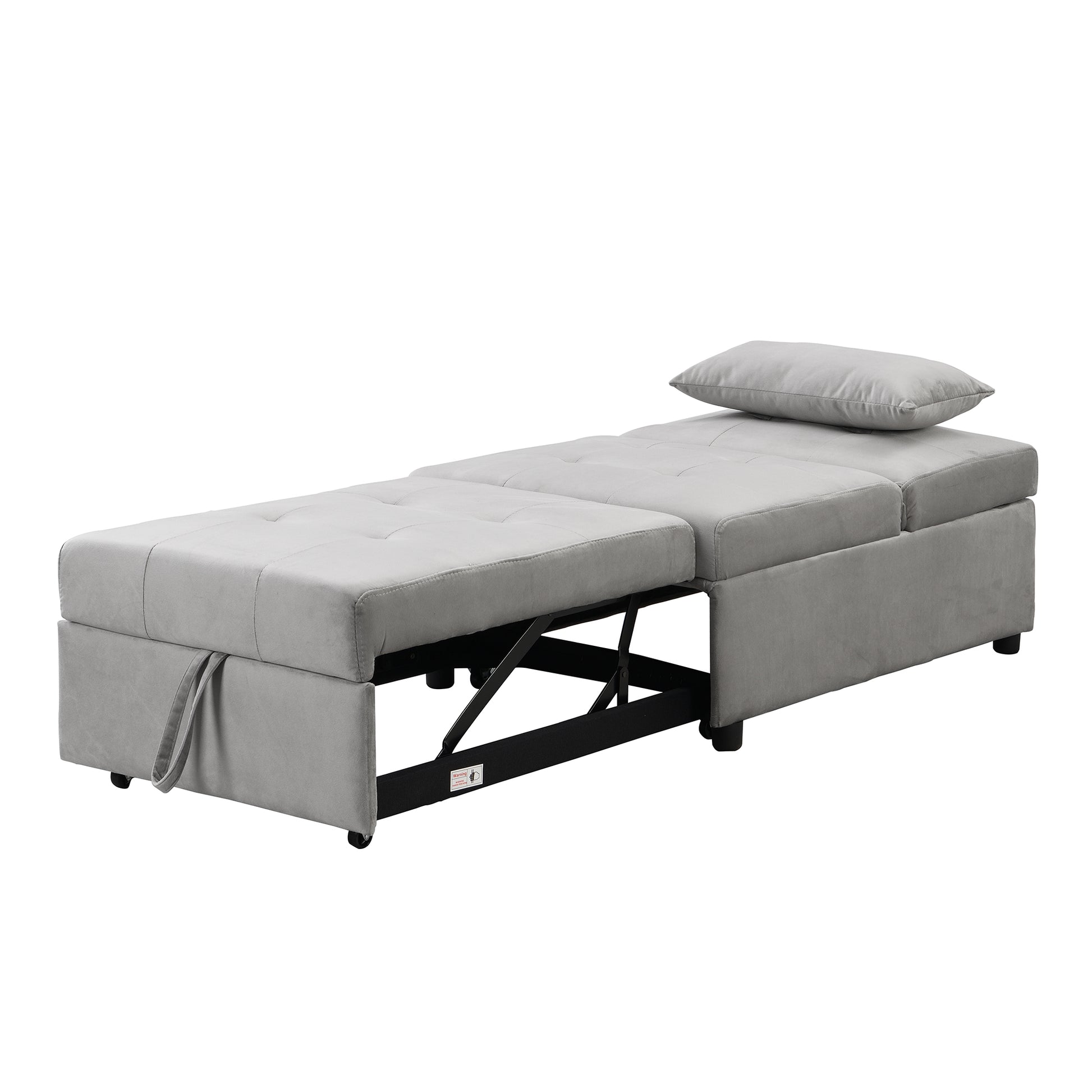 Gray upholstered convertible sofa bed with hidden storage and pullout extension