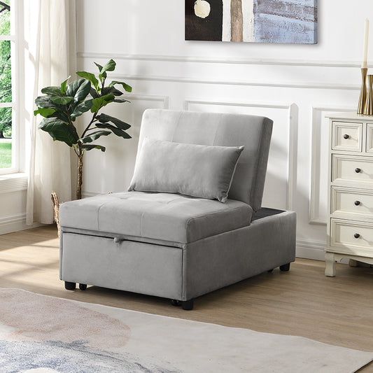 Grey velvet accent chair with builtin storage compartment and accent pillow