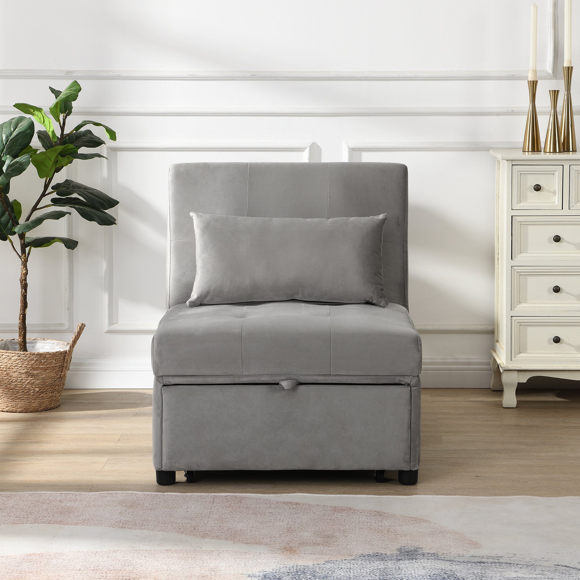 Gray velvet convertible chair with hidden storage for small spaces