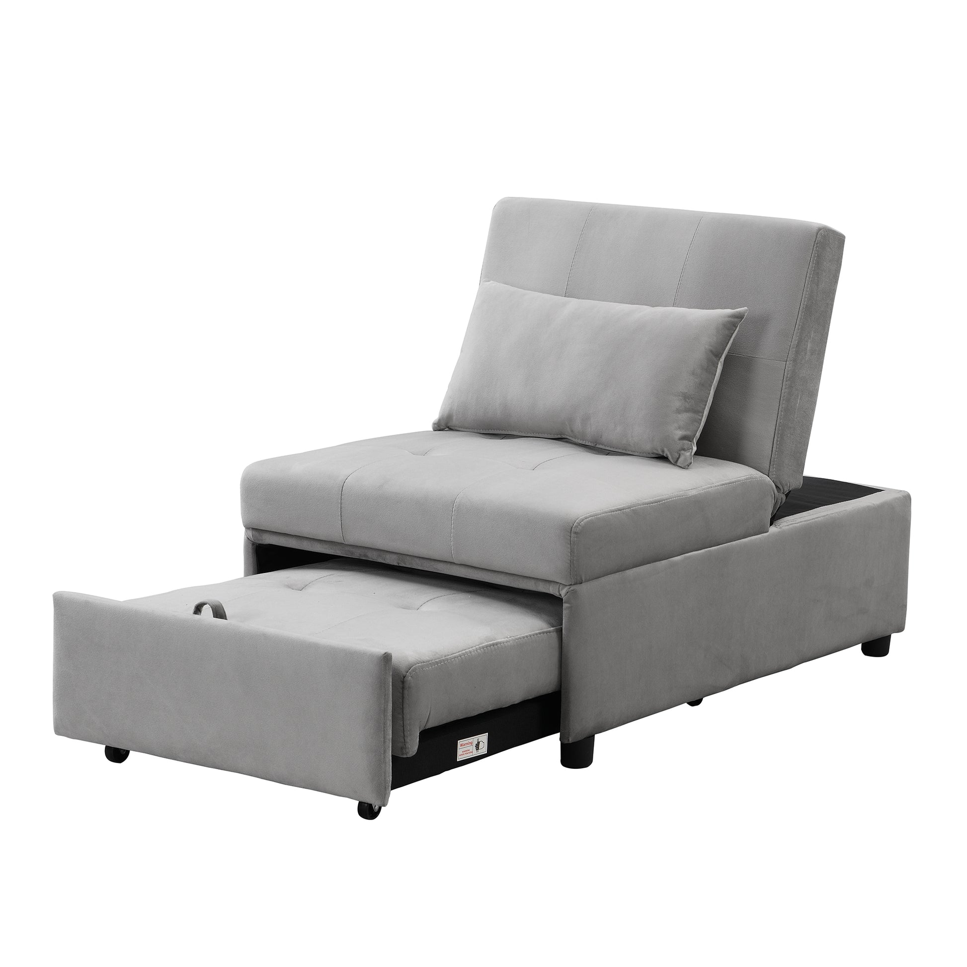 Grey fabric sleeper sofa with pullout bed and storage ottoman perfect for small spaces