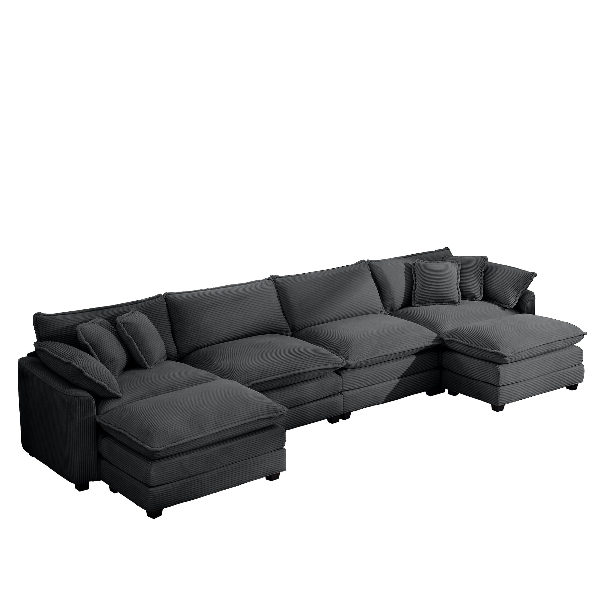 Dark gray corduroy sectional sofa with plush cushions and multiple chaise lounge sections