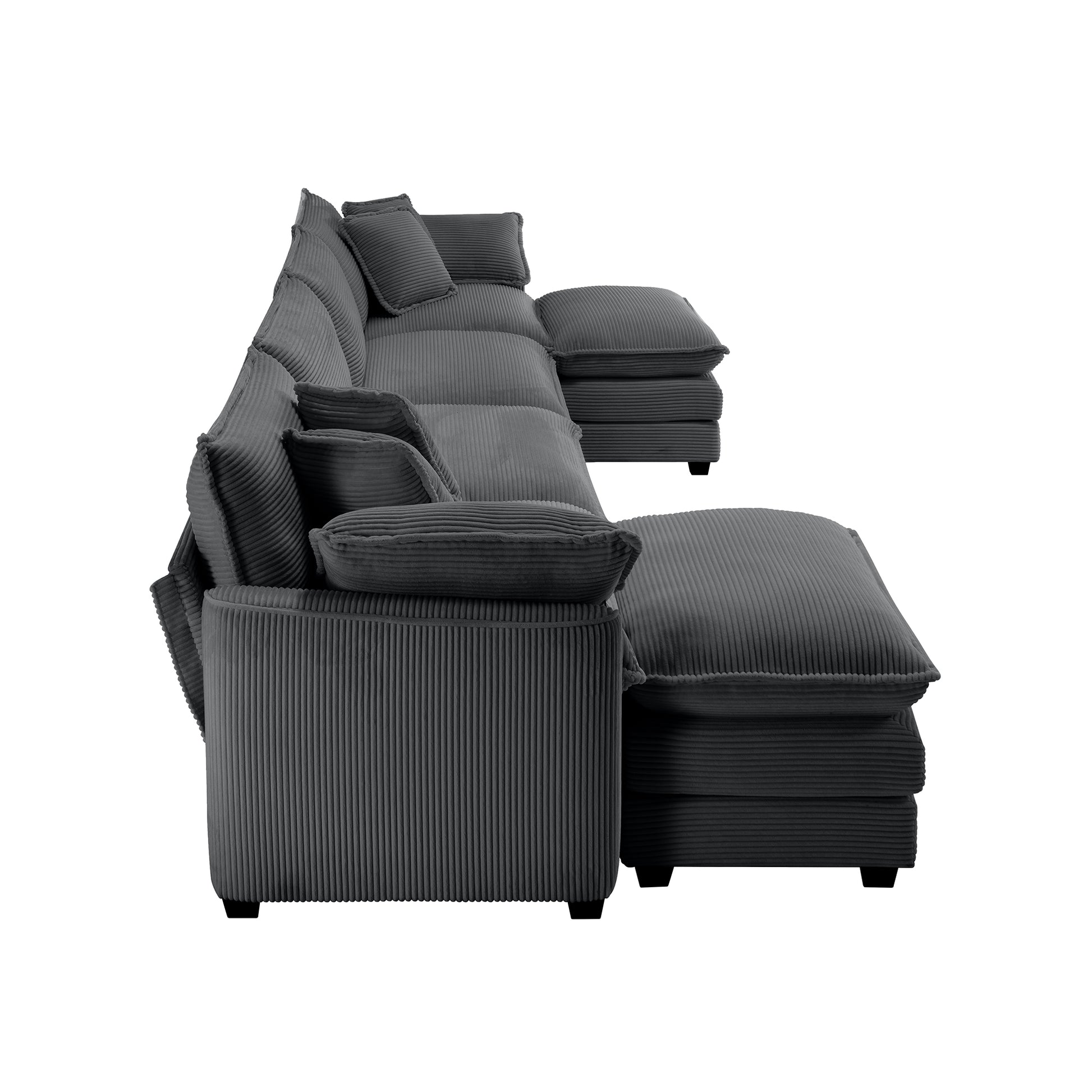Dark gray corduroy sectional sofa with multiple plush cushions and a matching ottoman for living room comfort
