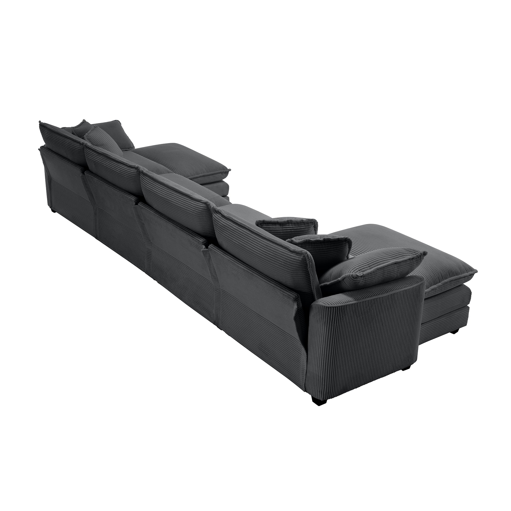 Deep grey corduroy sectional sofa with plush cushions and chaise perfect for living rooms