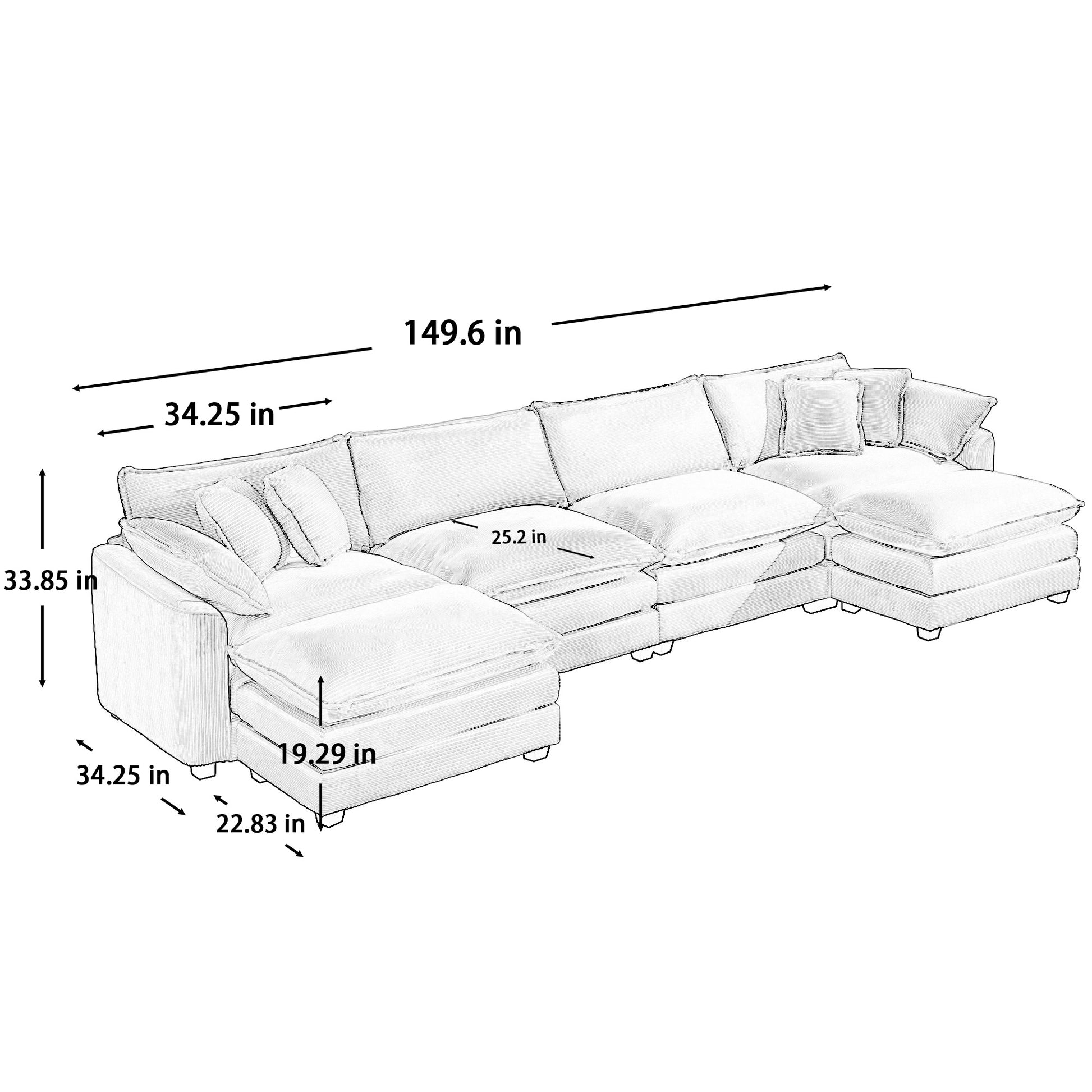 Sketch of a large sectional sofa with multiple cushions and a chaise lounge  inches wide