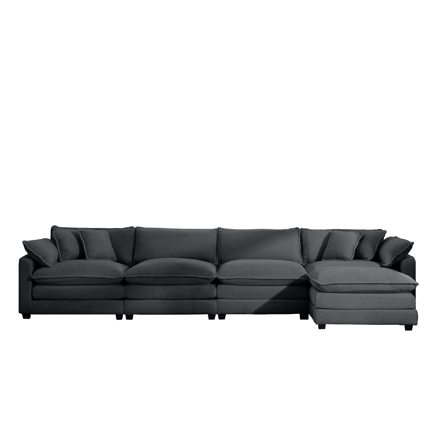Spacious dark grey corduroy sectional sofa with plush cushions and chaise lounge