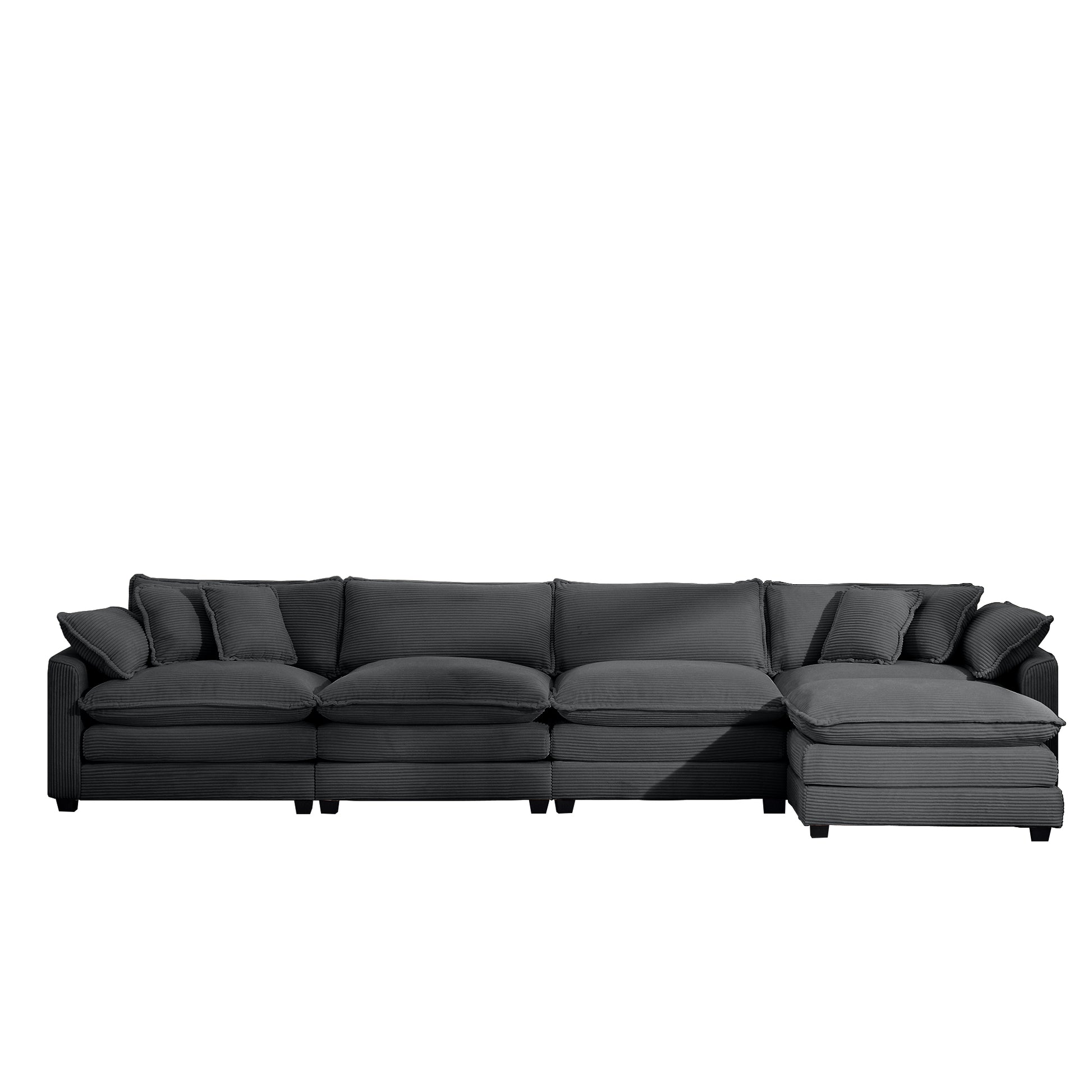 Spacious dark grey corduroy sectional sofa with plush cushions and chaise lounge