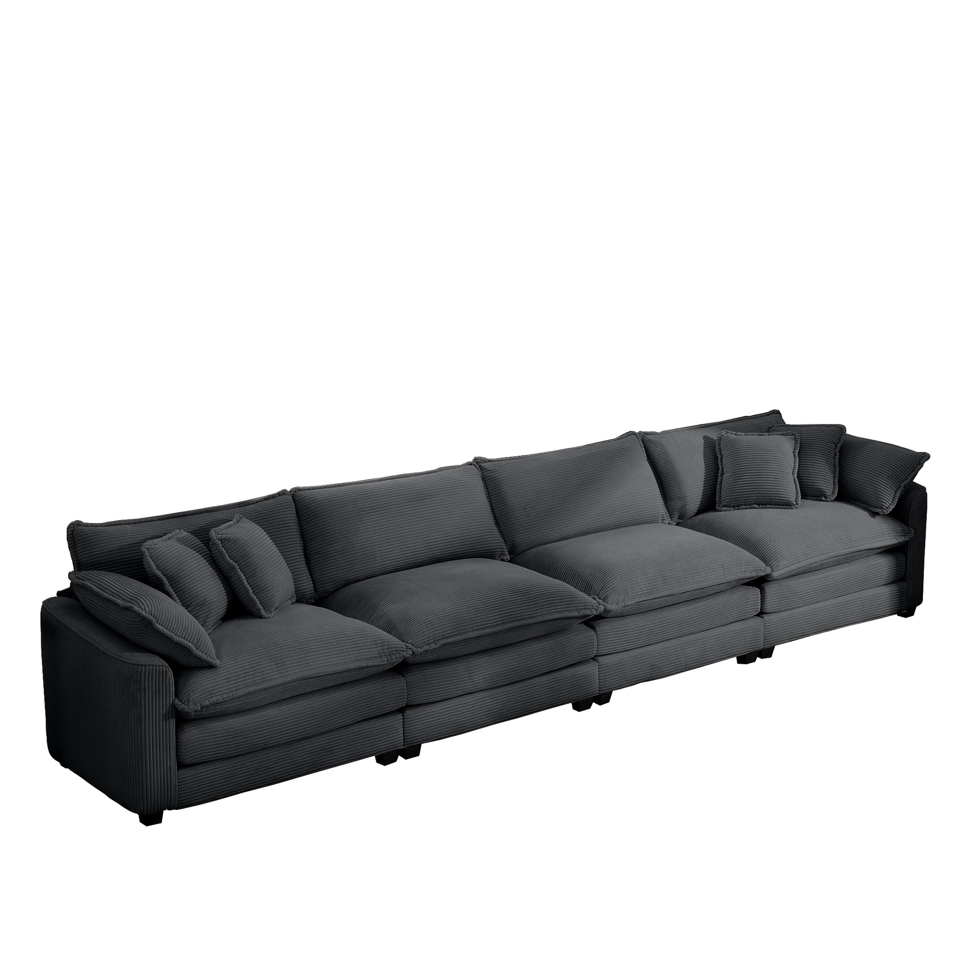 Deep charcoal grey corduroy sectional sofa with plush cushions and accent pillows perfect for a modern living room