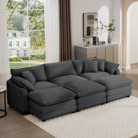 Modular charcoal corduroy sofa with plush cushions perfect for a modern living room setup