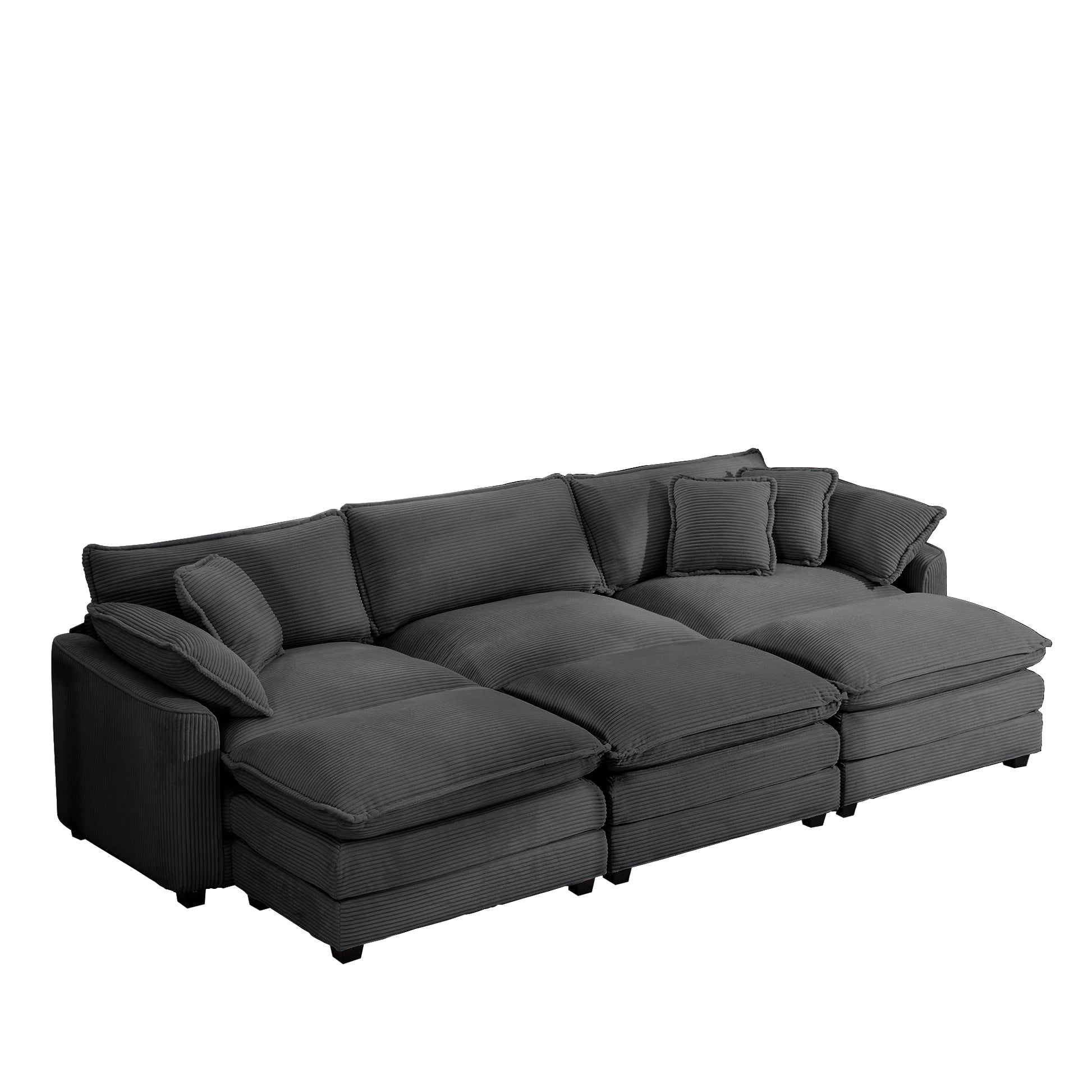 Plush charcoal corduroy sectional sofa with deep seats and throw pillows