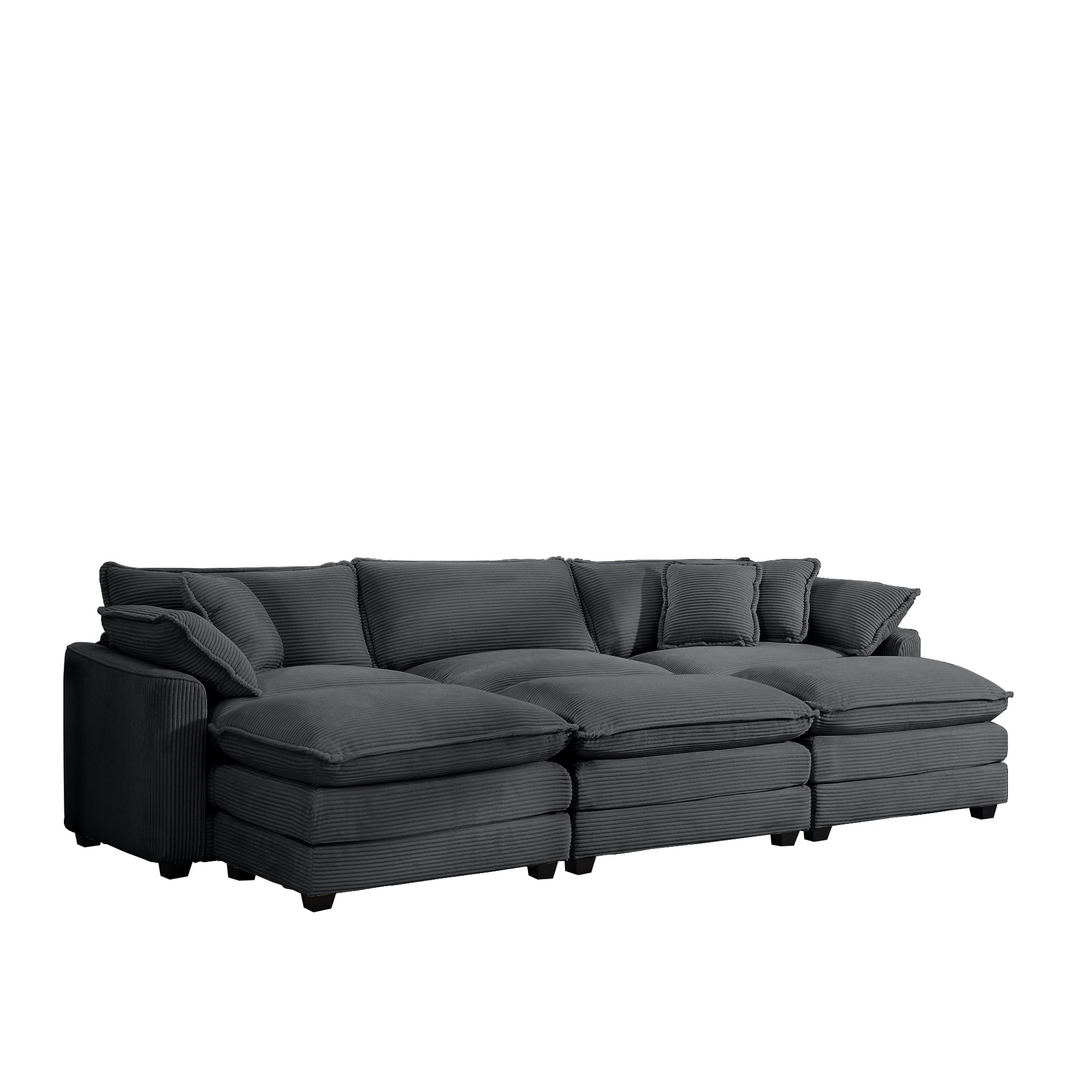 Plush charcoal corduroy sectional sofa with deep cushions and multiple throw pillows for ultimate comfort