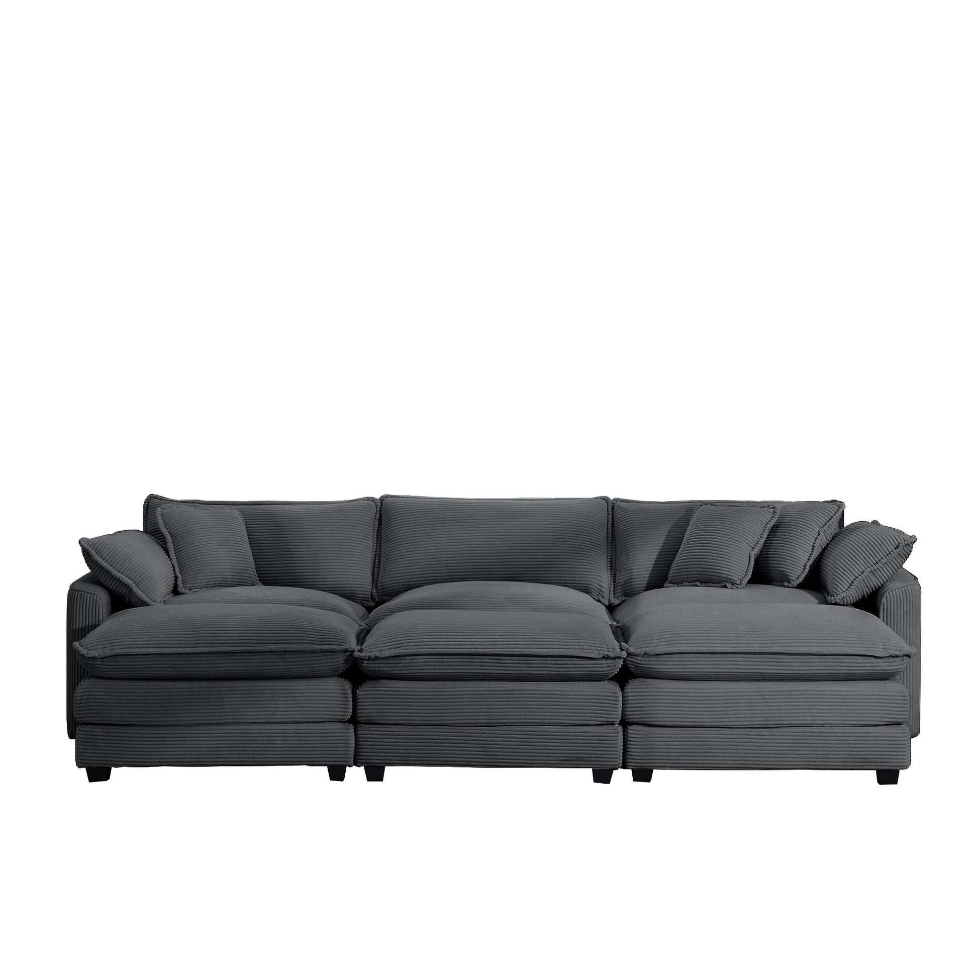 Plush charcoal grey corduroy sectional sofa with deep seating and lumbar cushions for ultimate comfort
