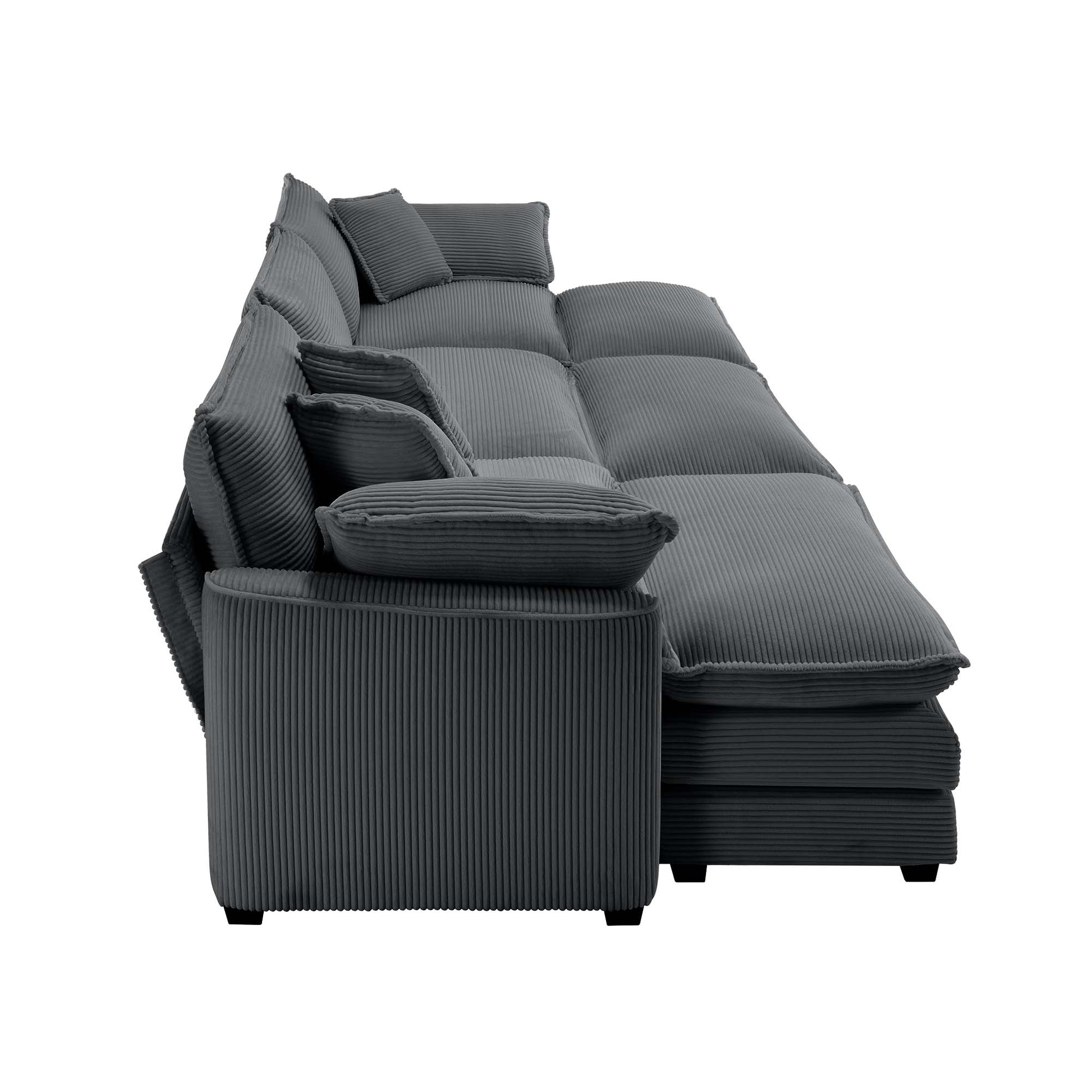 Dark gray corduroy sectional sofa with plush deep seating and multiple throw pillows