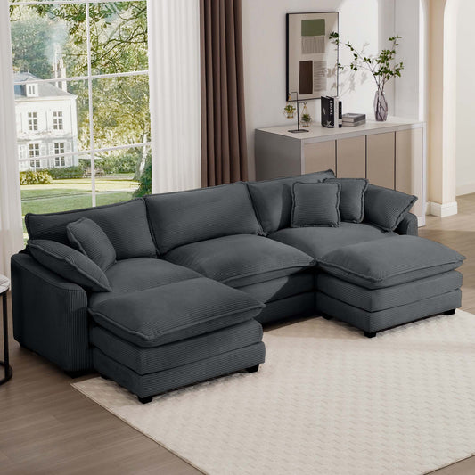 Deep charcoal corduroy sectional sofa with plush cushions and multiple seating areas perfect for living rooms