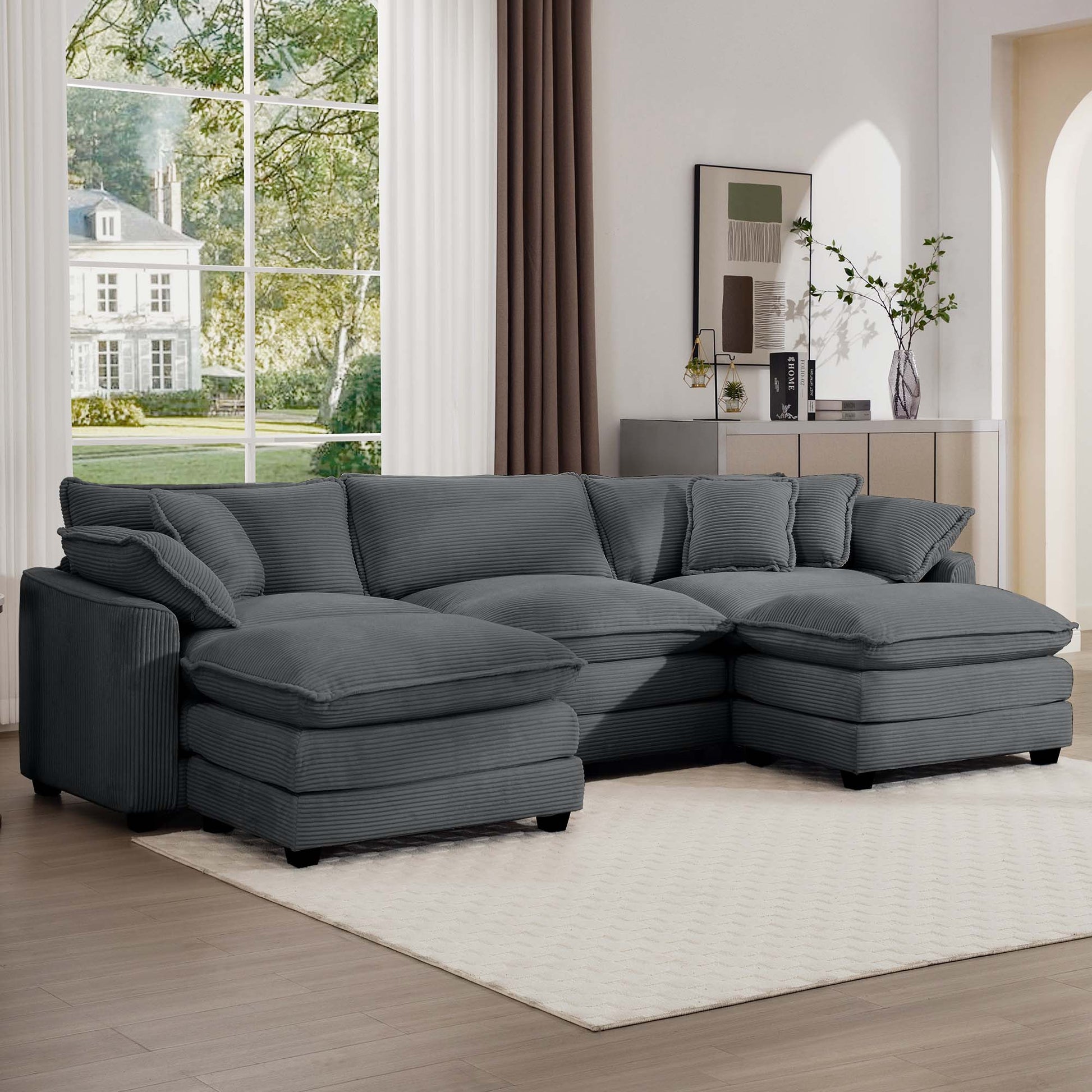 Charcoal grey corduroy sectional sofa with plush cushions perfect for a modern living room