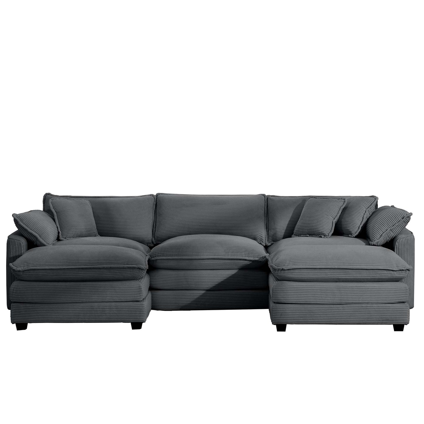 Dark grey corduroy Ushaped sectional sofa with plush cushions and lumbar pillows