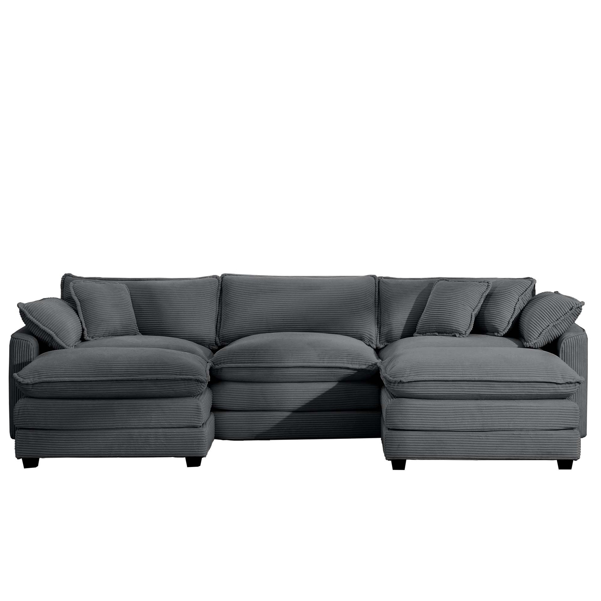Dark grey corduroy Ushaped sectional sofa with plush cushions and lumbar pillows