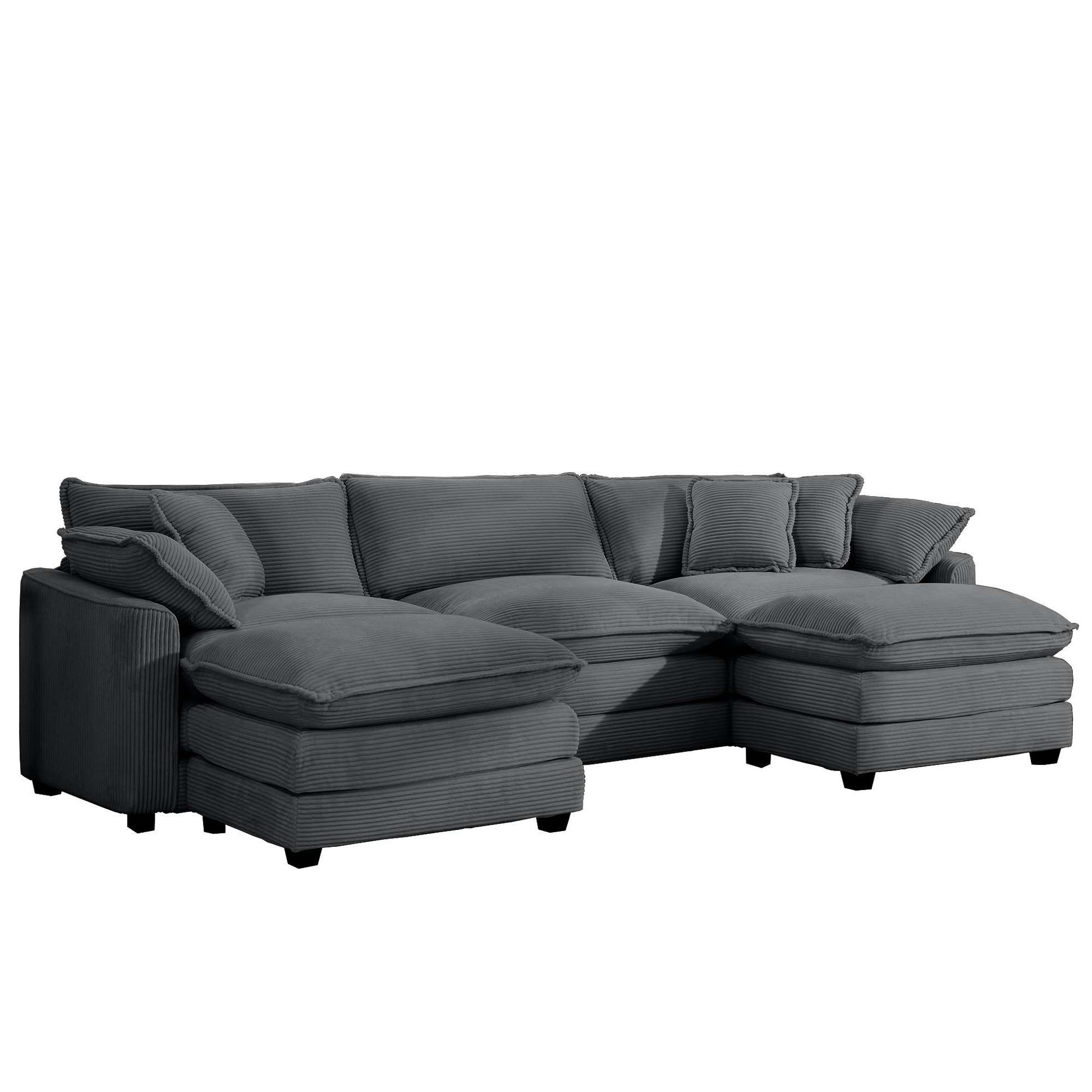Plush charcoal gray corduroy sectional sofa with deep seating and multiple accent pillows for modern living rooms