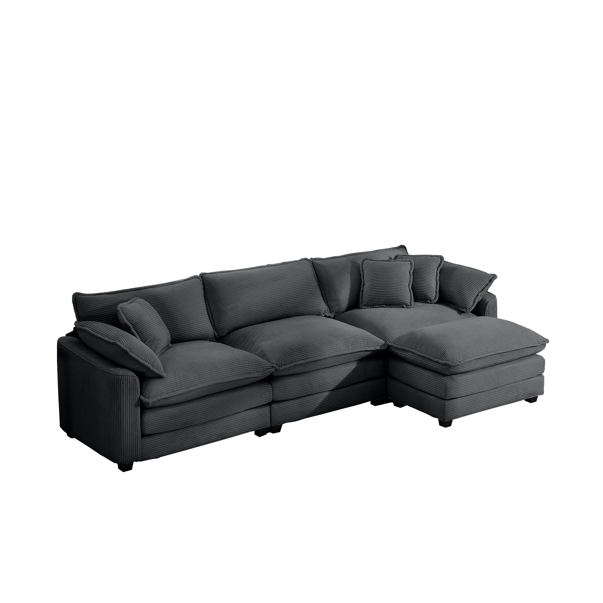 Dark grey corduroy sectional sofa with plush cushions and matching throw pillows
