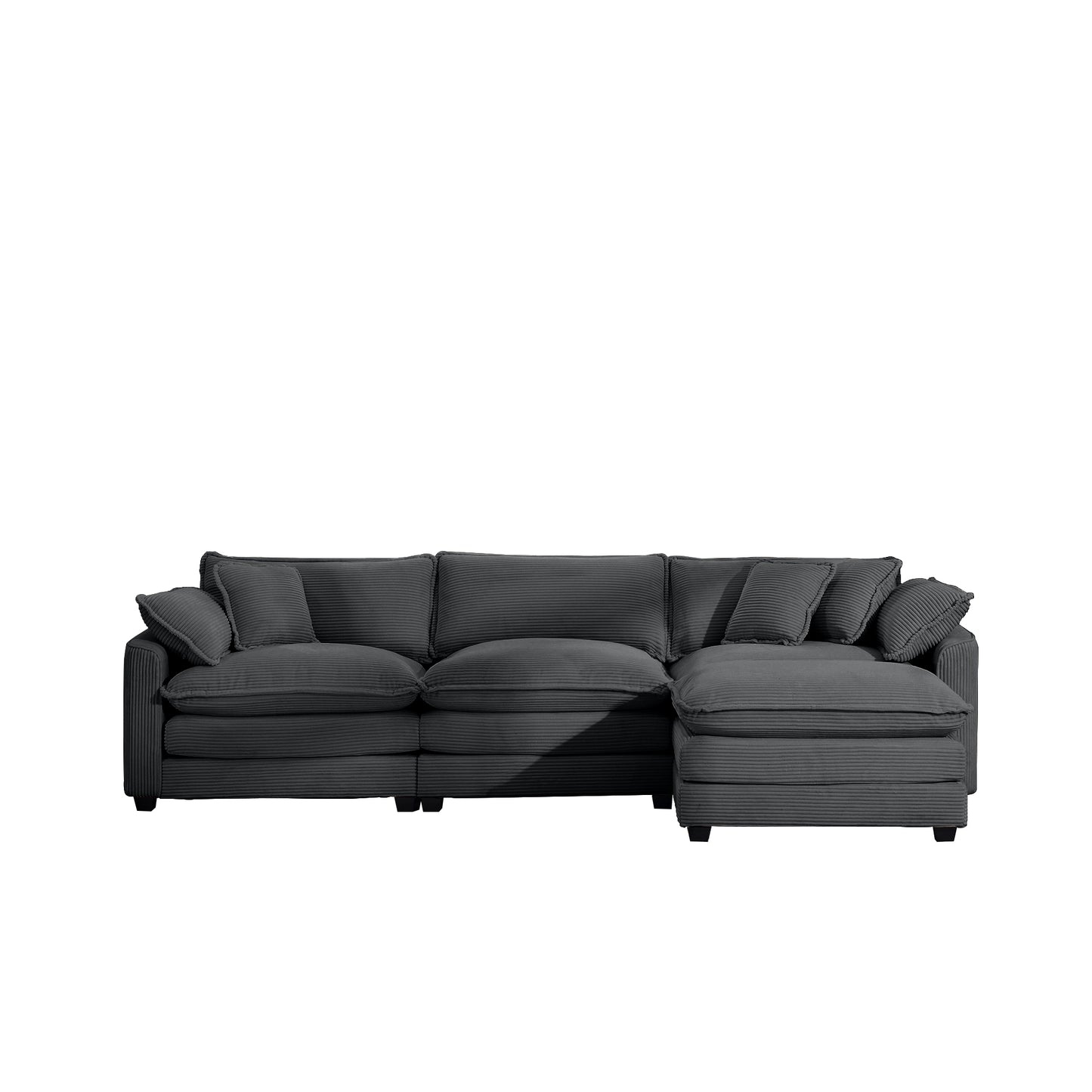 Dark gray corduroy sectional sofa with plush cushions and chaise lounge