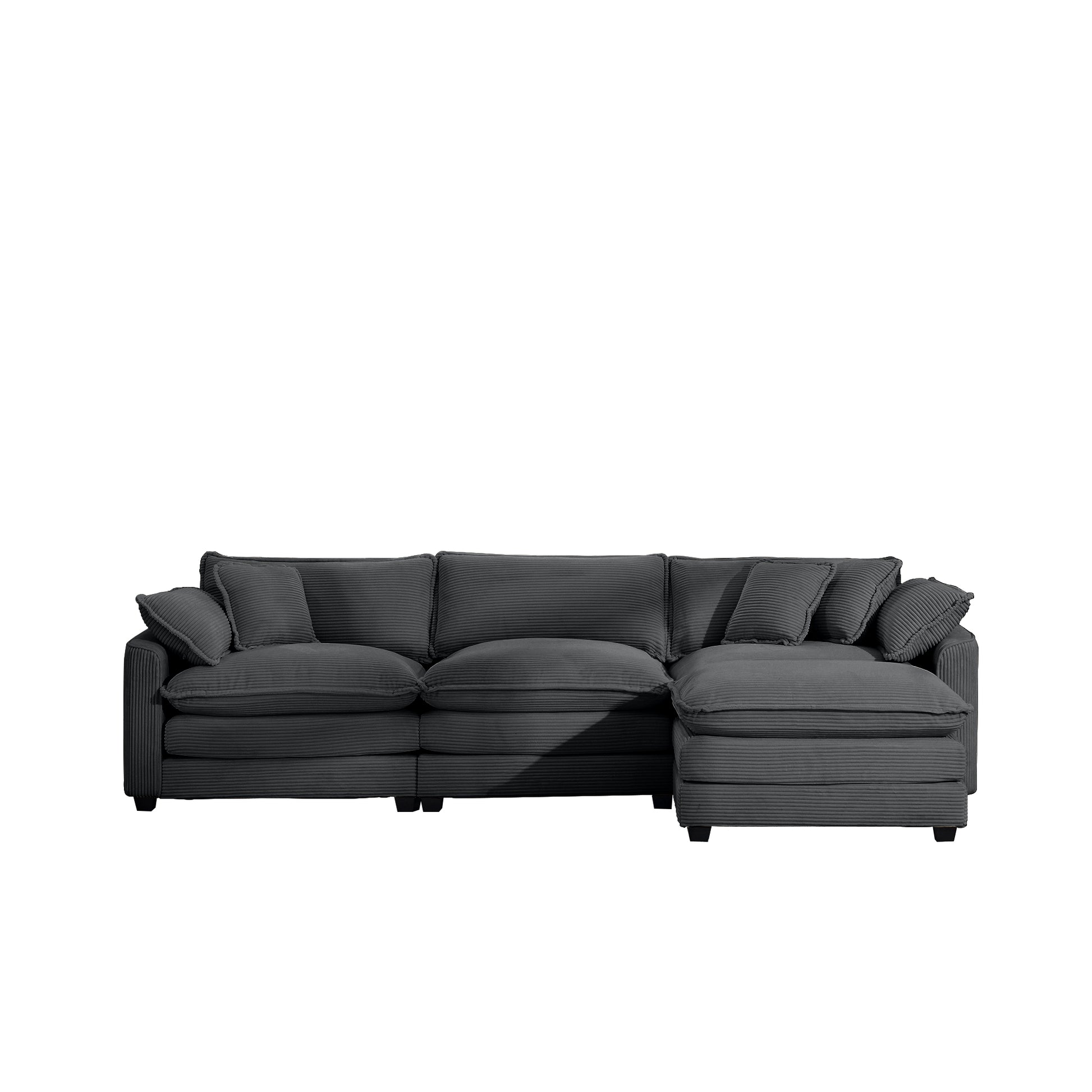 Dark gray corduroy sectional sofa with plush cushions and chaise lounge