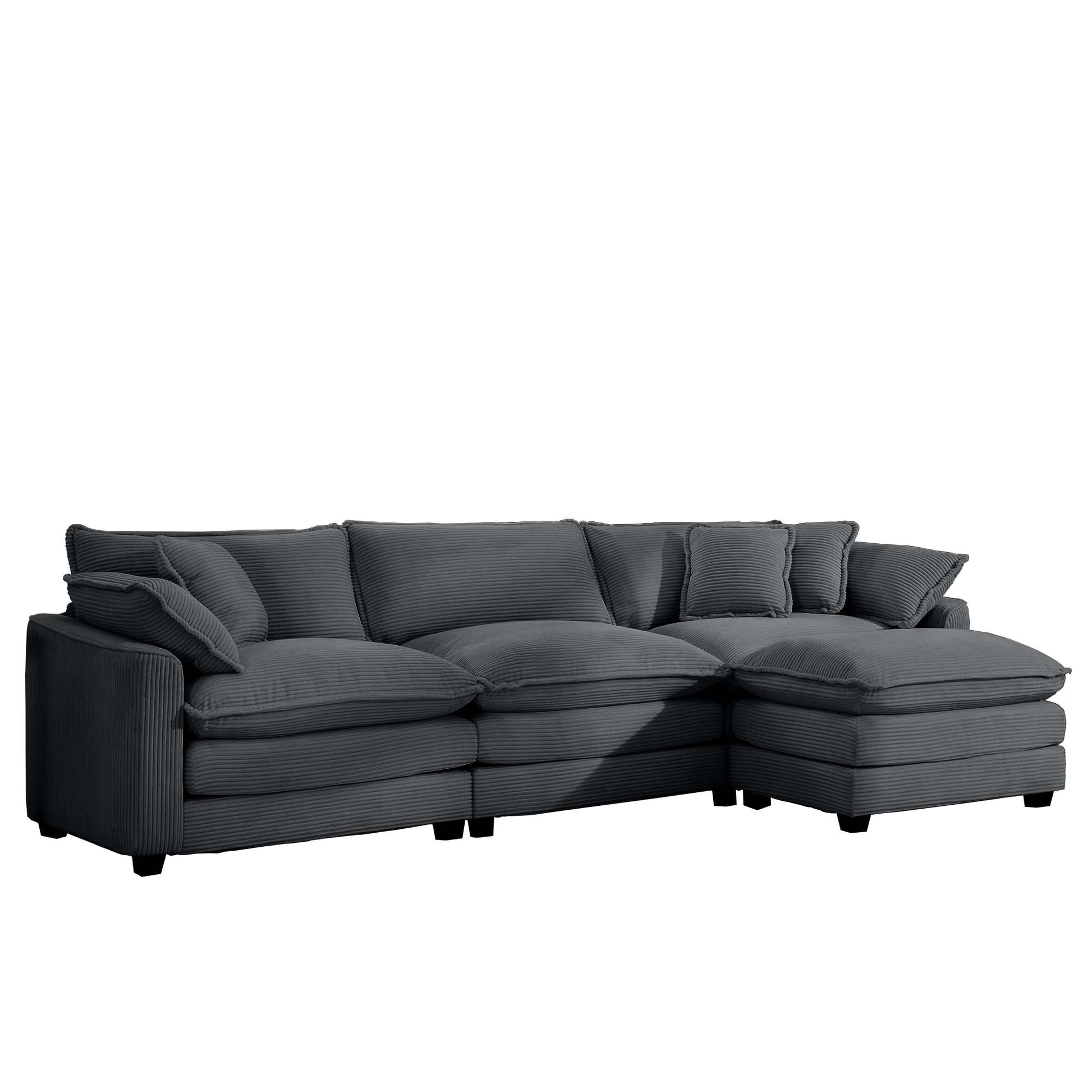 Dark gray corduroy sectional sofa with plush cushions and included throw pillows perfect for living room comfort