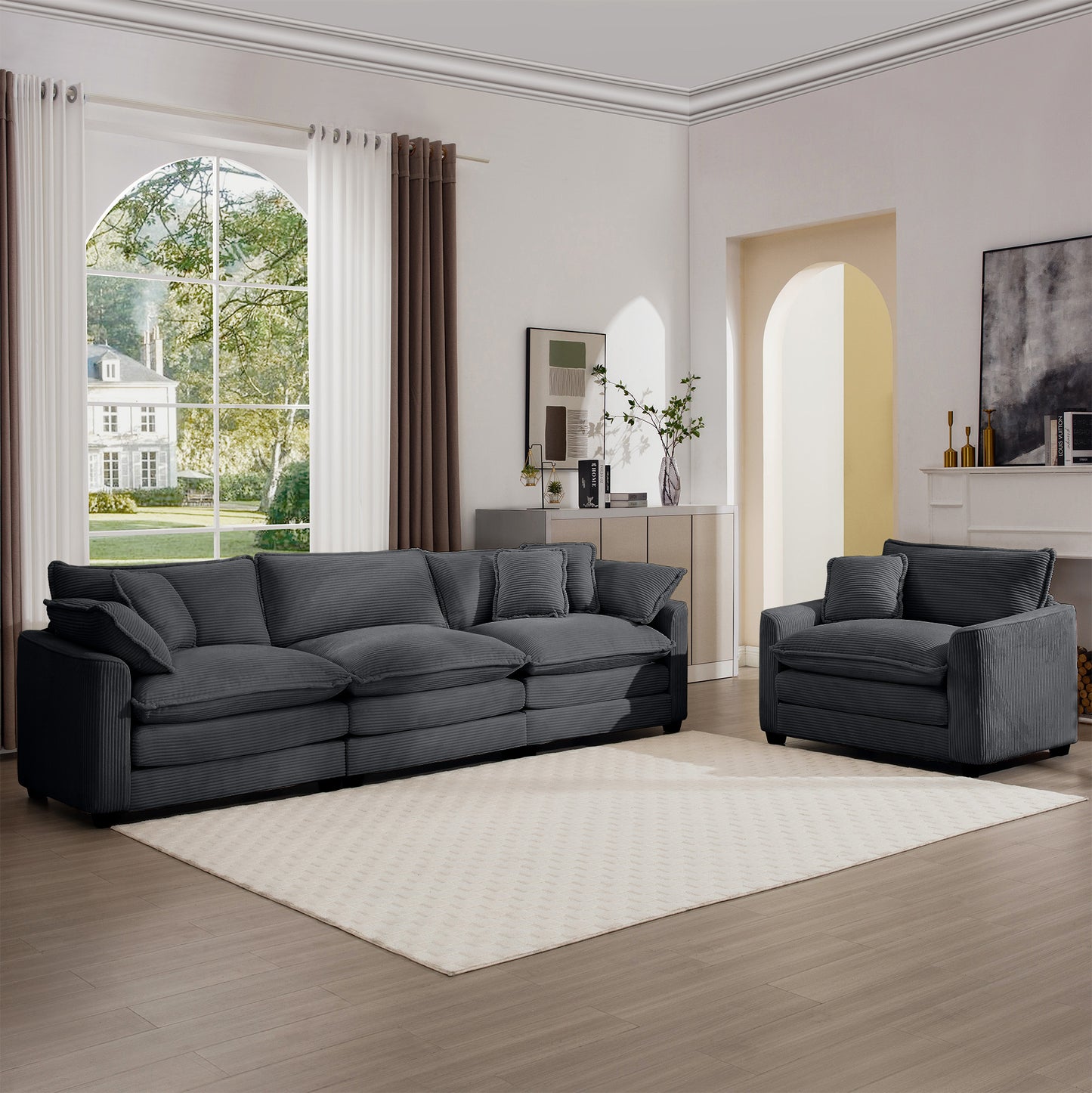 Charcoal grey corduroy sectional sofa with plush throw pillows ideal for a cozy living room setup