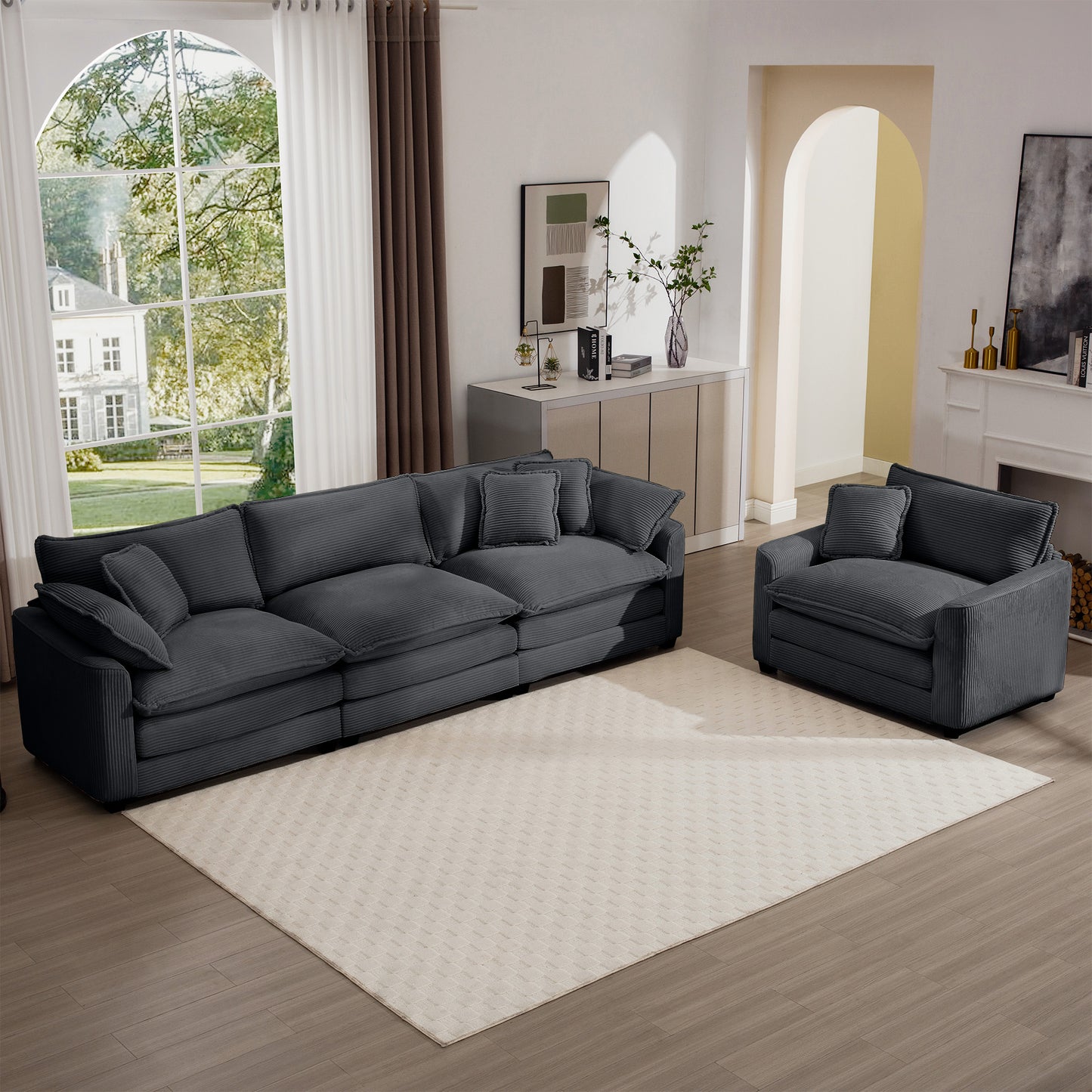 Dark grey corduroy sectional sofa with plush cushions perfect for a modern living room setup