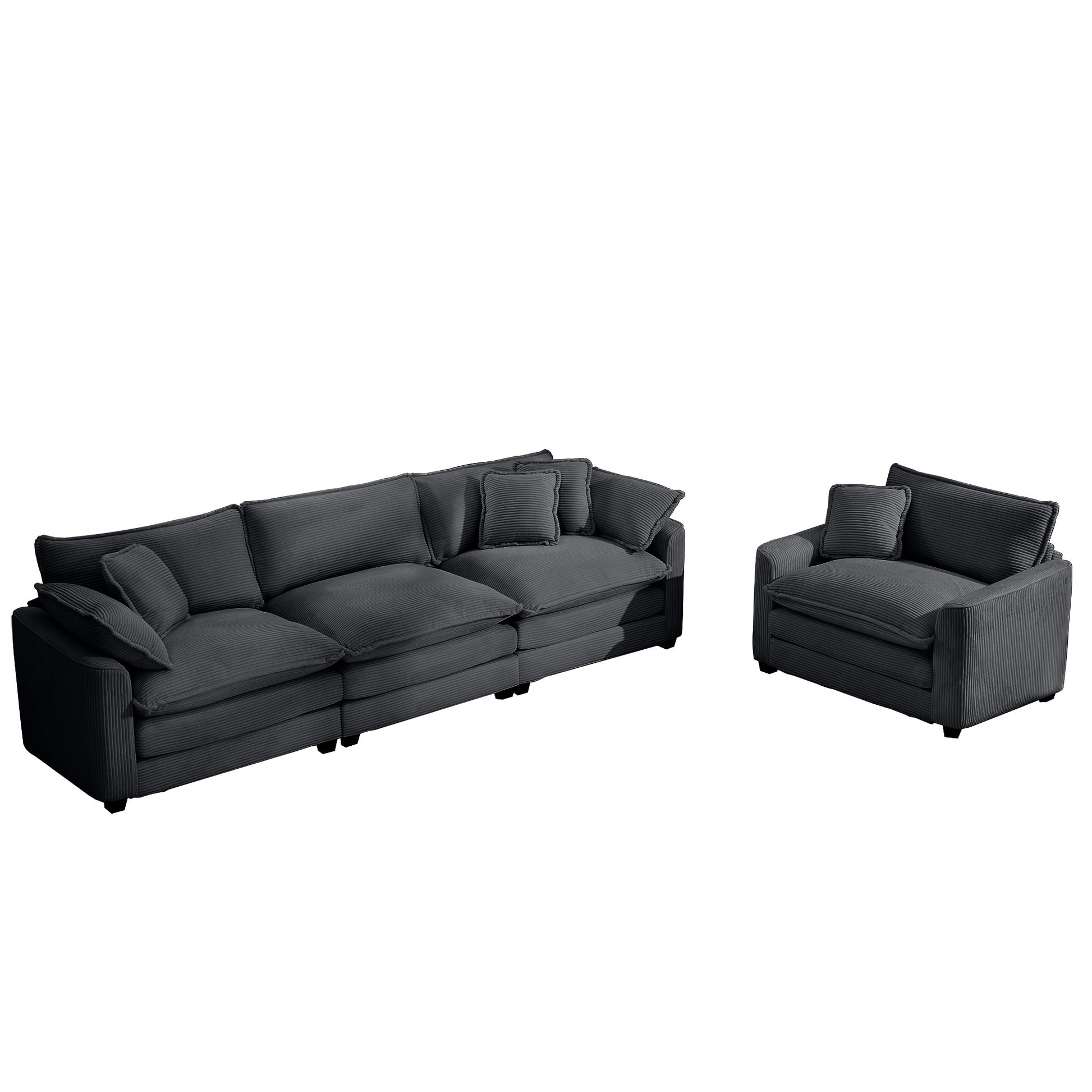 Dark grey corduroy sectional sofa with plush cushions for comfortable living room seating