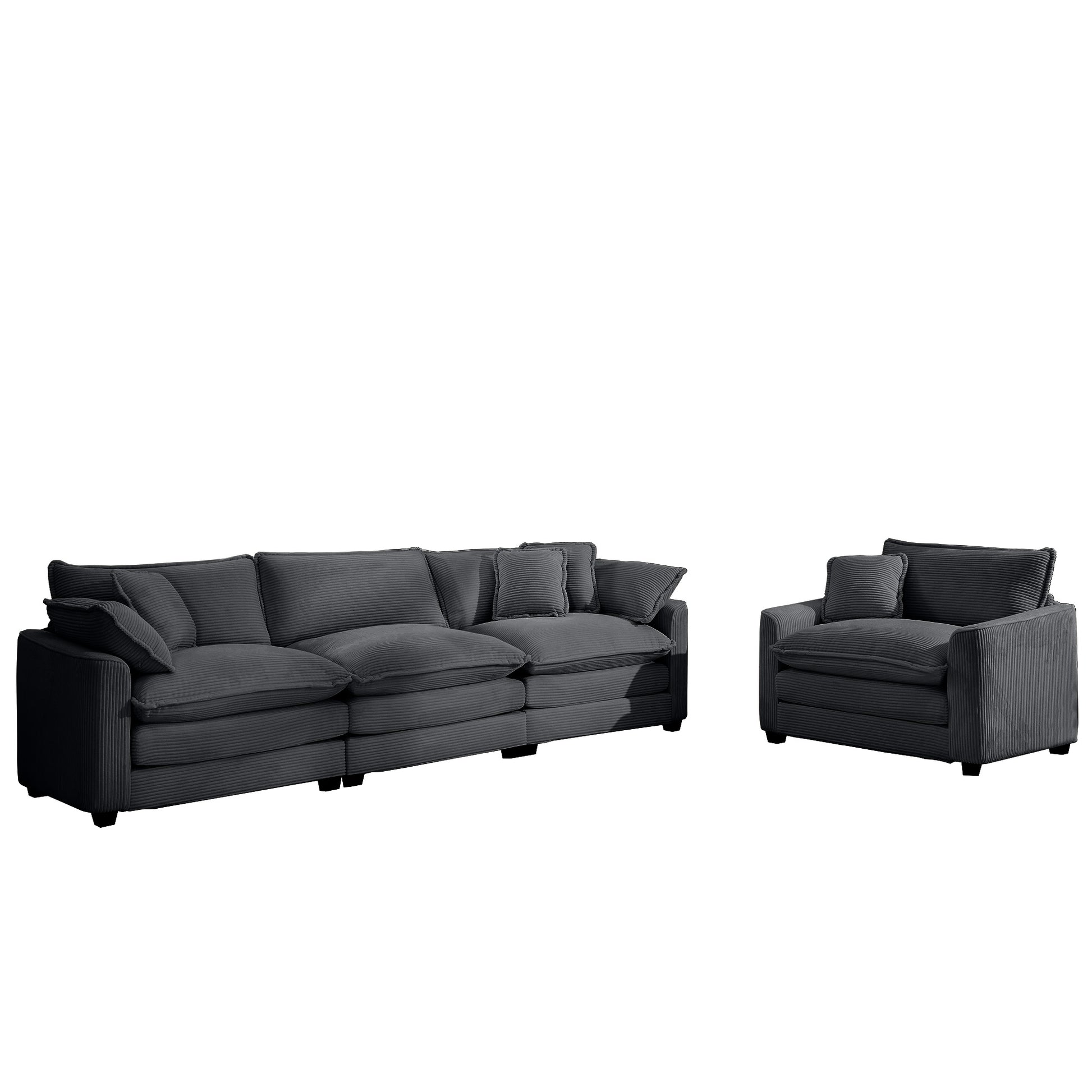Plush charcoal grey corduroy sectional sofa with matching accent chair perfect for modern living rooms