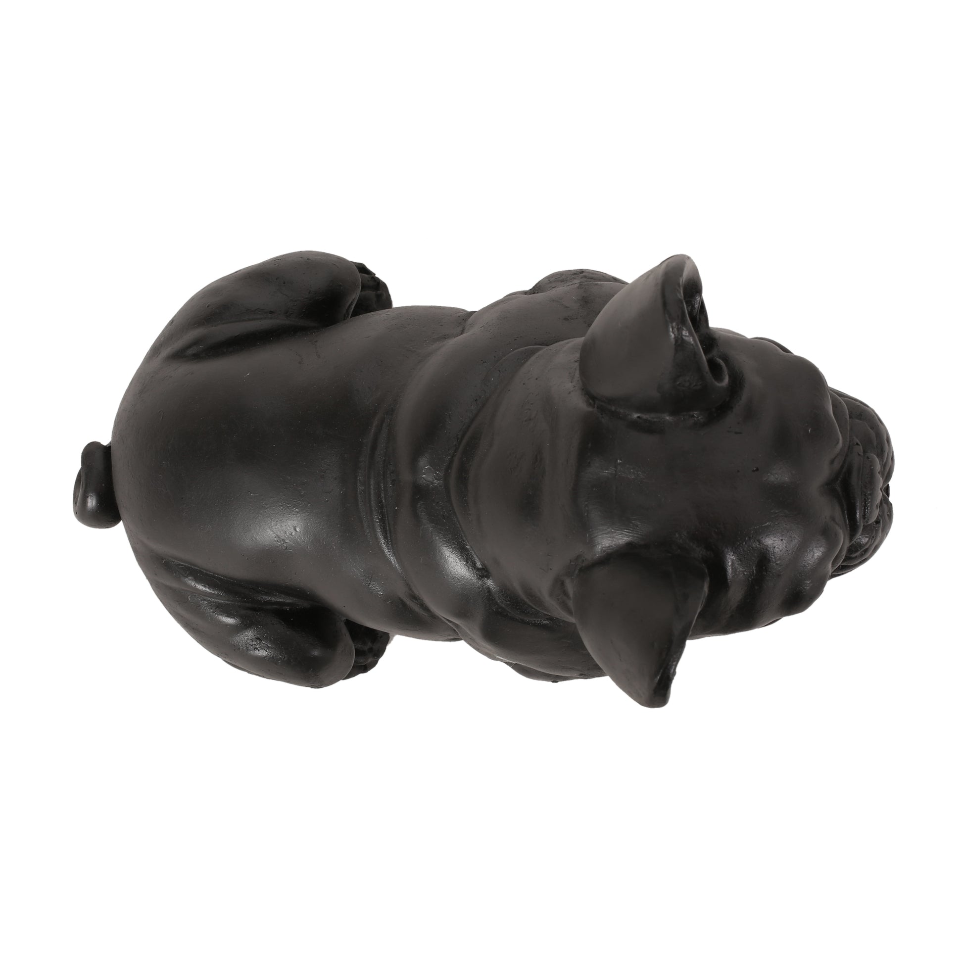 Black ceramic French bulldog figurine detailed with wrinkles and a curled tail for home decor