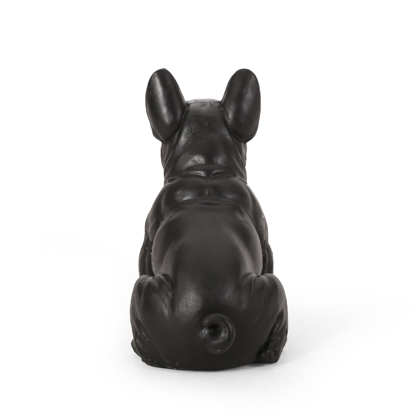 Black ceramic French bulldog figurine viewed from the back with curled tail