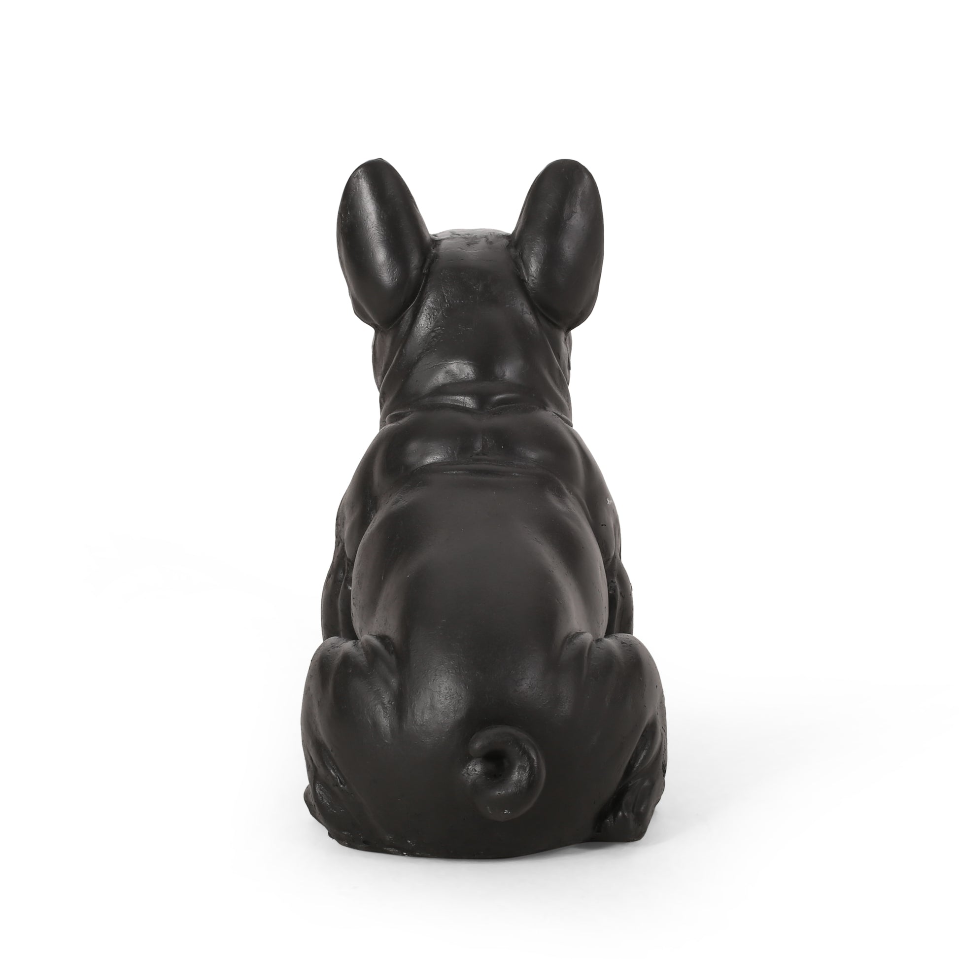 Black ceramic French bulldog figurine viewed from the back with curled tail
