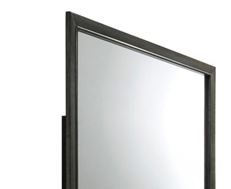 Gray metal framed bathroom mirror with clean modern lines