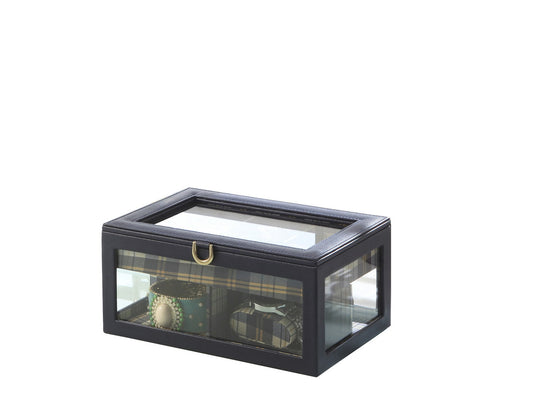 Dark blue leather watch box with clear glass lid and sides displaying tartan patterned watches