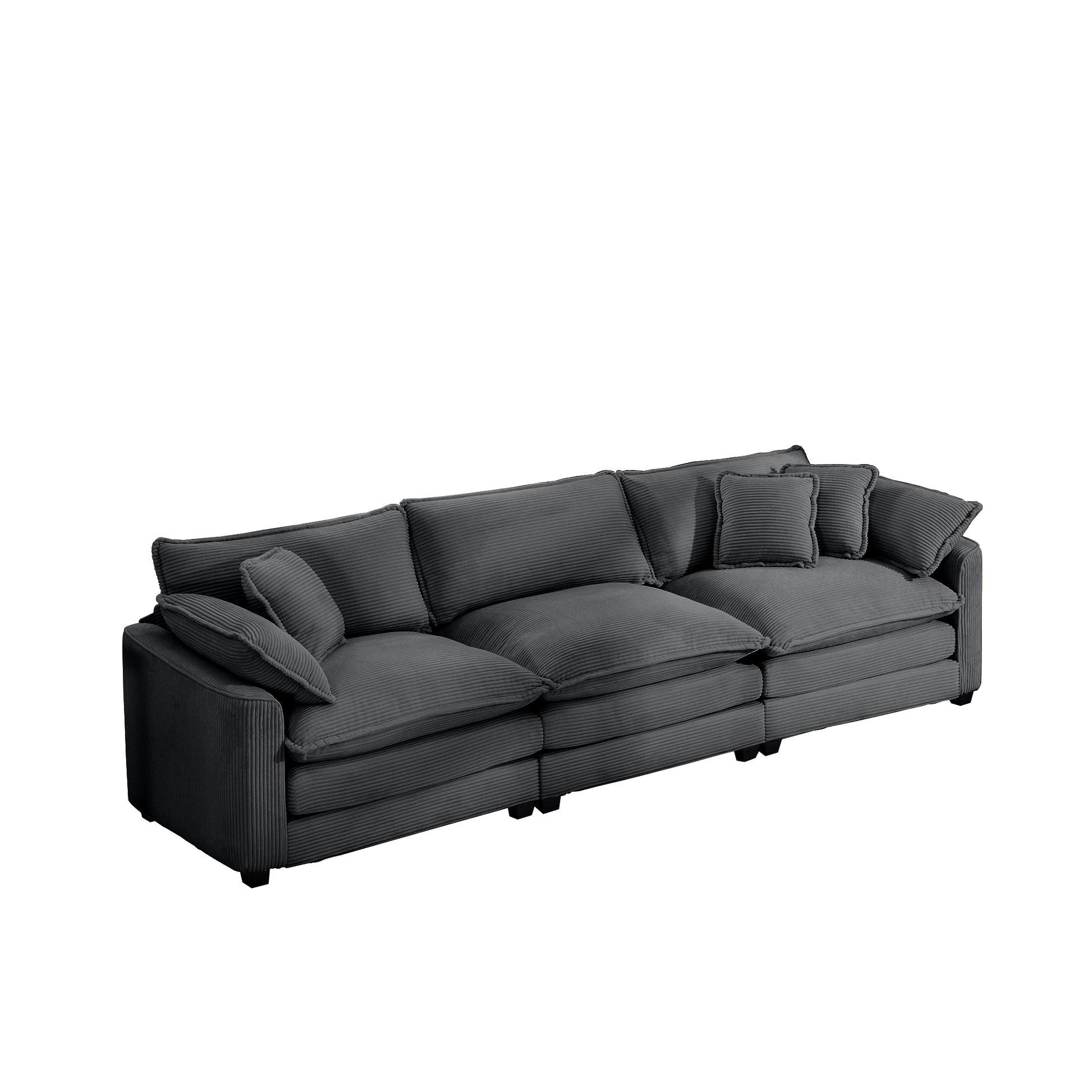 Dark grey corduroy sectional sofa with plush throw pillows