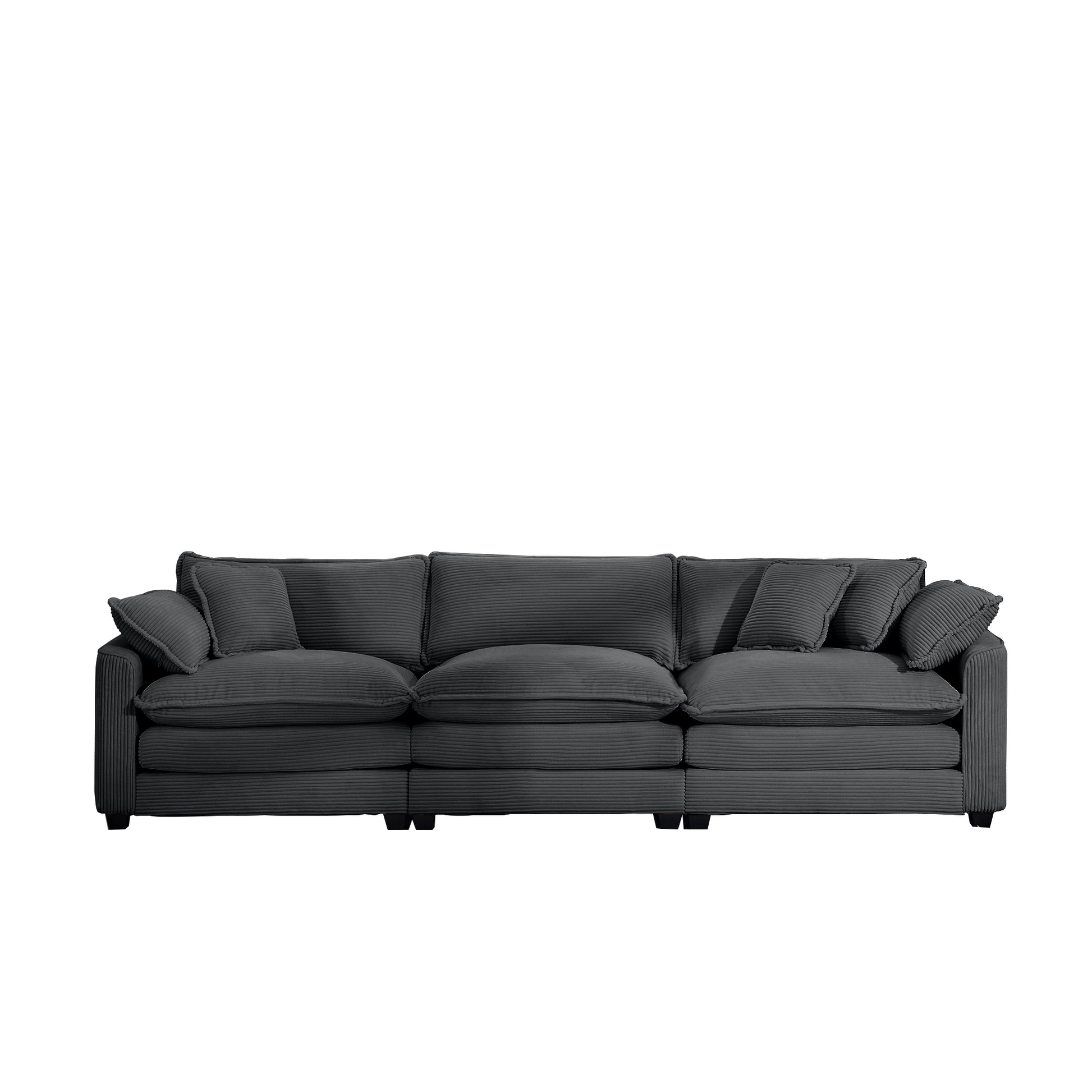 Plush dark grey corduroy sectional sofa with deep seats and accent pillows