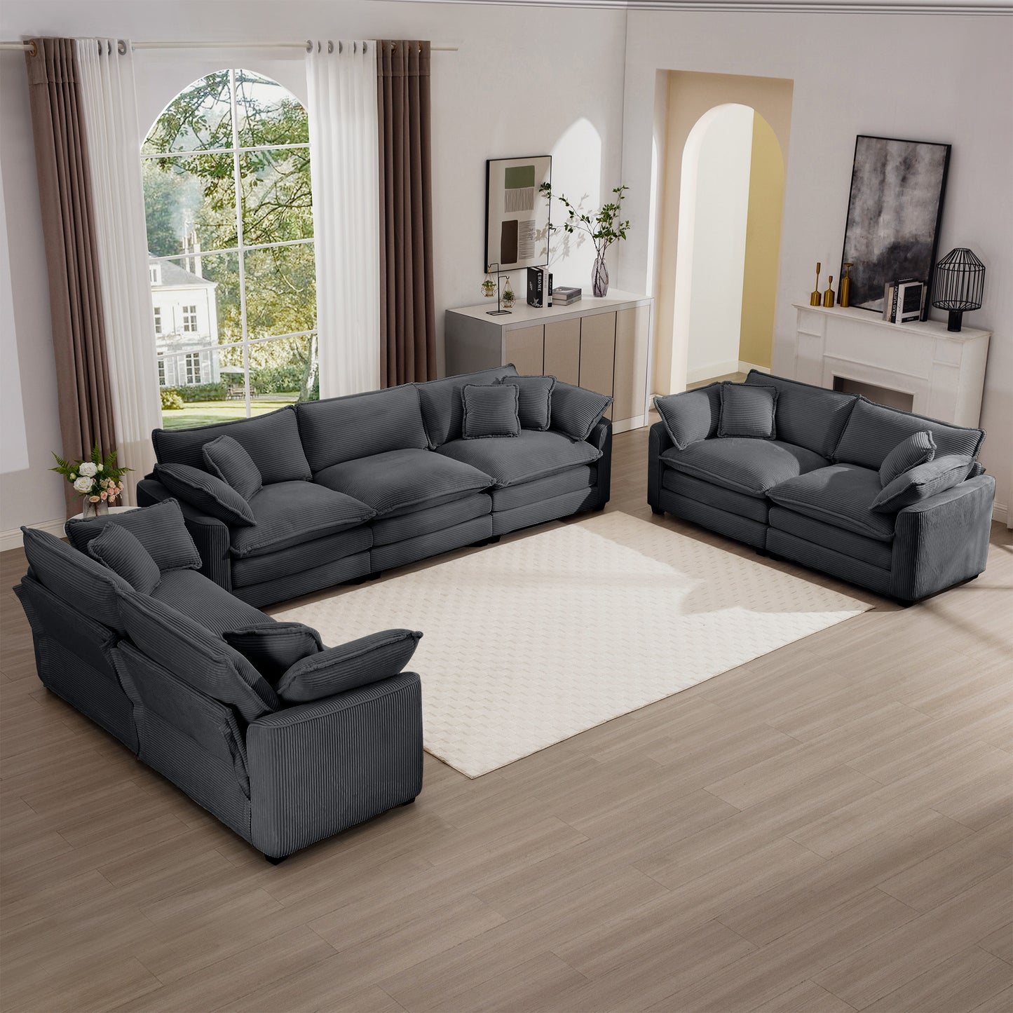 Deep charcoal corduroy sectional sofa with plush cushions ideal for a modern living room