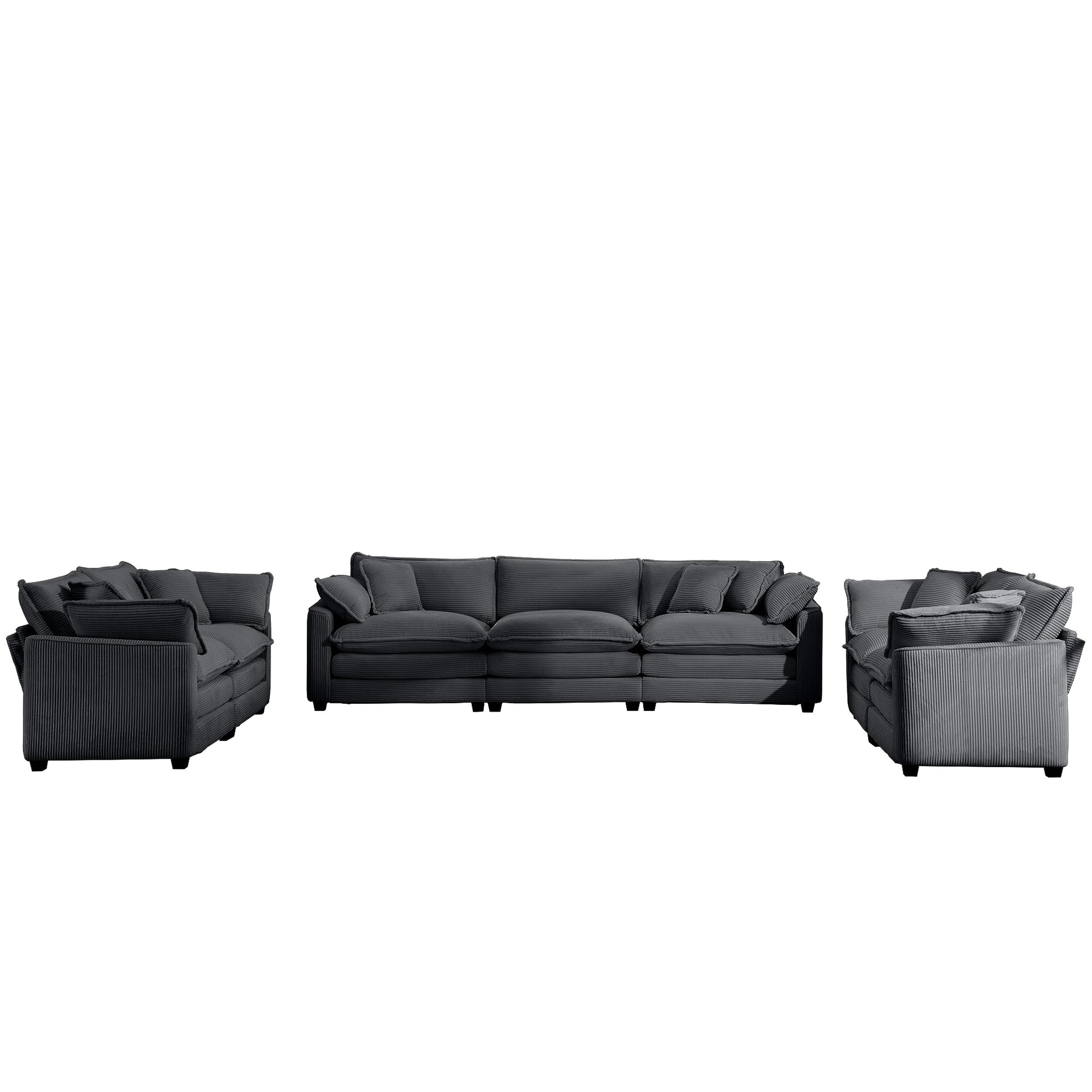 Gray corduroy sectional sofa with plush cushions and accent pillows