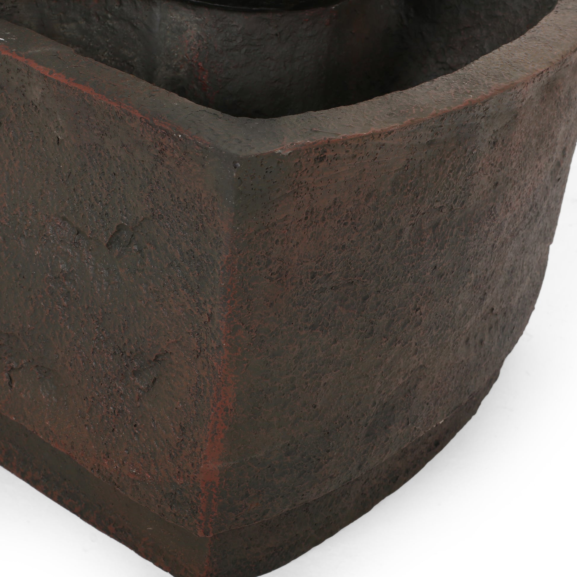 Textured dark brown concrete planter with distressed red accents  inches