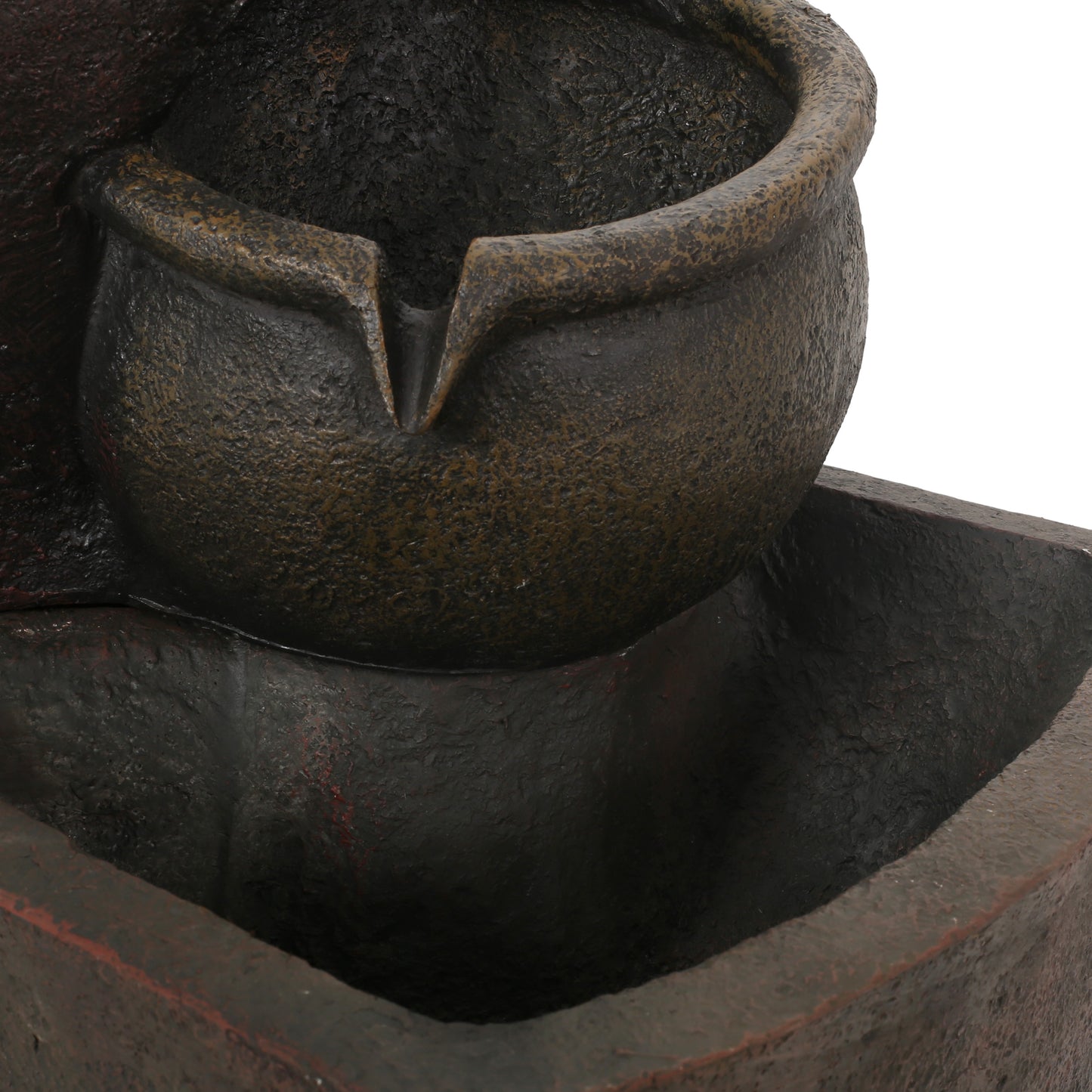 Textured dark brown tiered garden fountain bowl with a spout for water flow