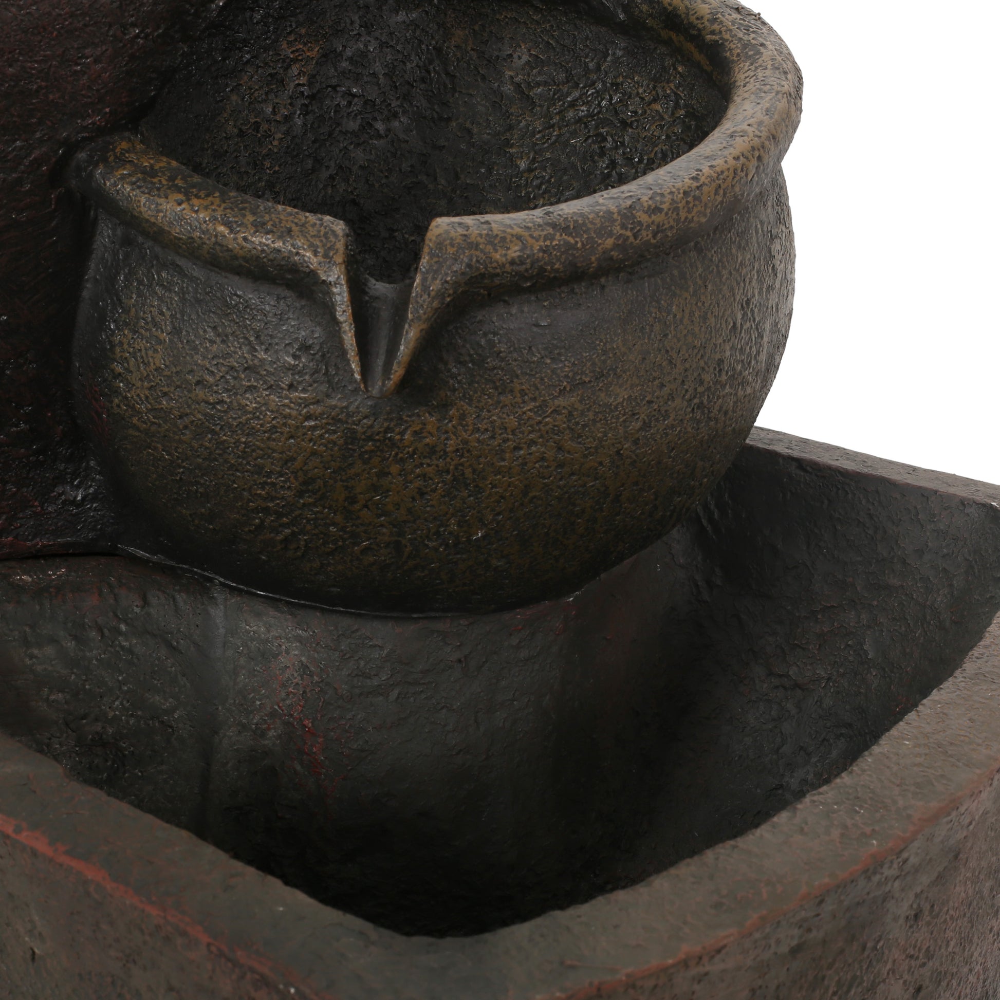 Textured dark brown tiered garden fountain bowl with a spout for water flow