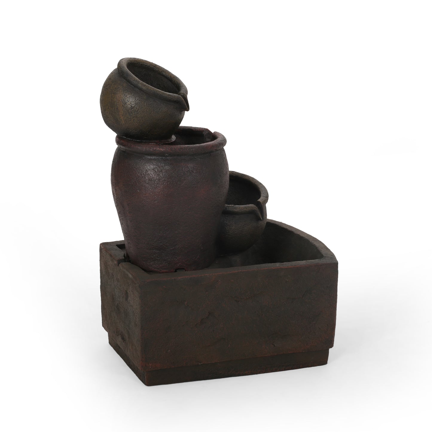 Tiered dark brown resin garden fountain with a cascading water effect