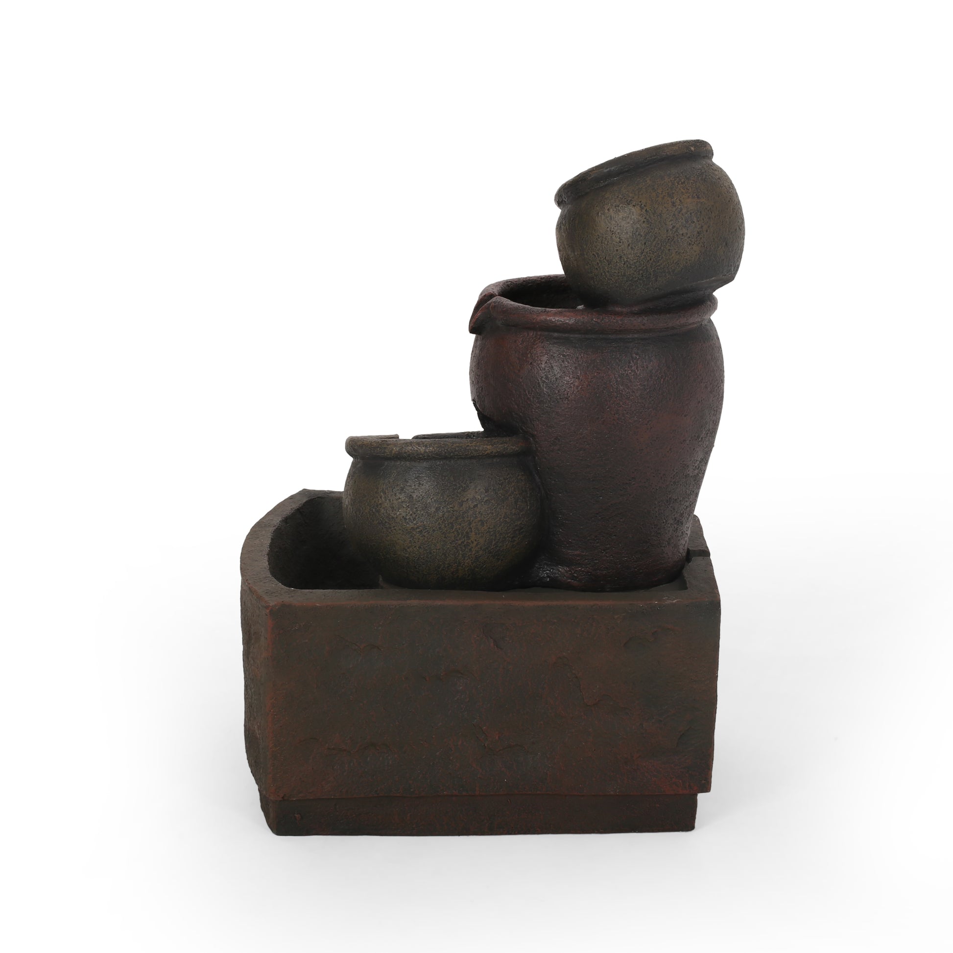Brown tiered ceramic outdoor fountain with cascading water effect