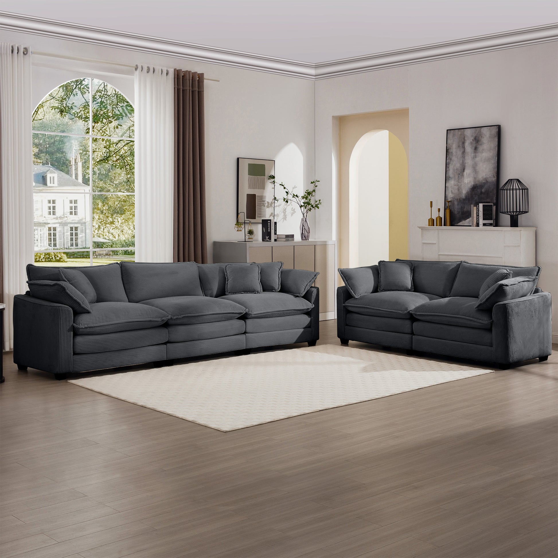 Charcoal corduroy sectional sofa with plush cushions and modern design