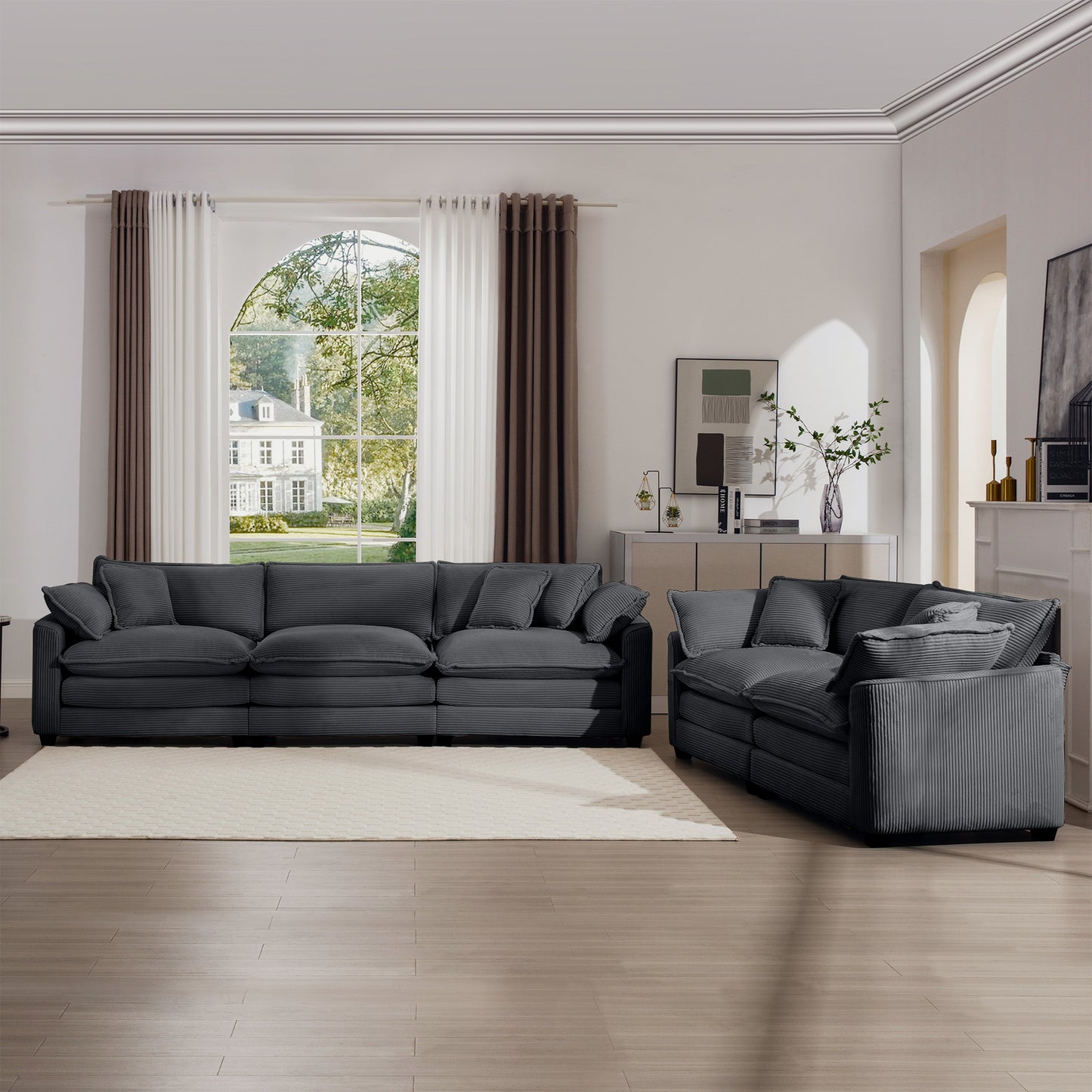 Deep charcoal corduroy sectional sofa with plush cushions perfect for a modern living room