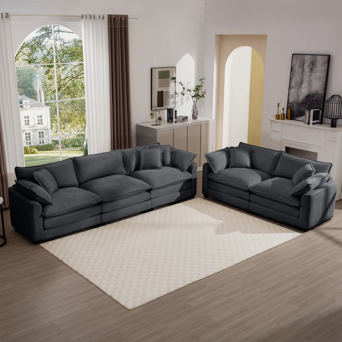 Spacious charcoal corduroy sectional sofa with plush throw pillows for modern living rooms