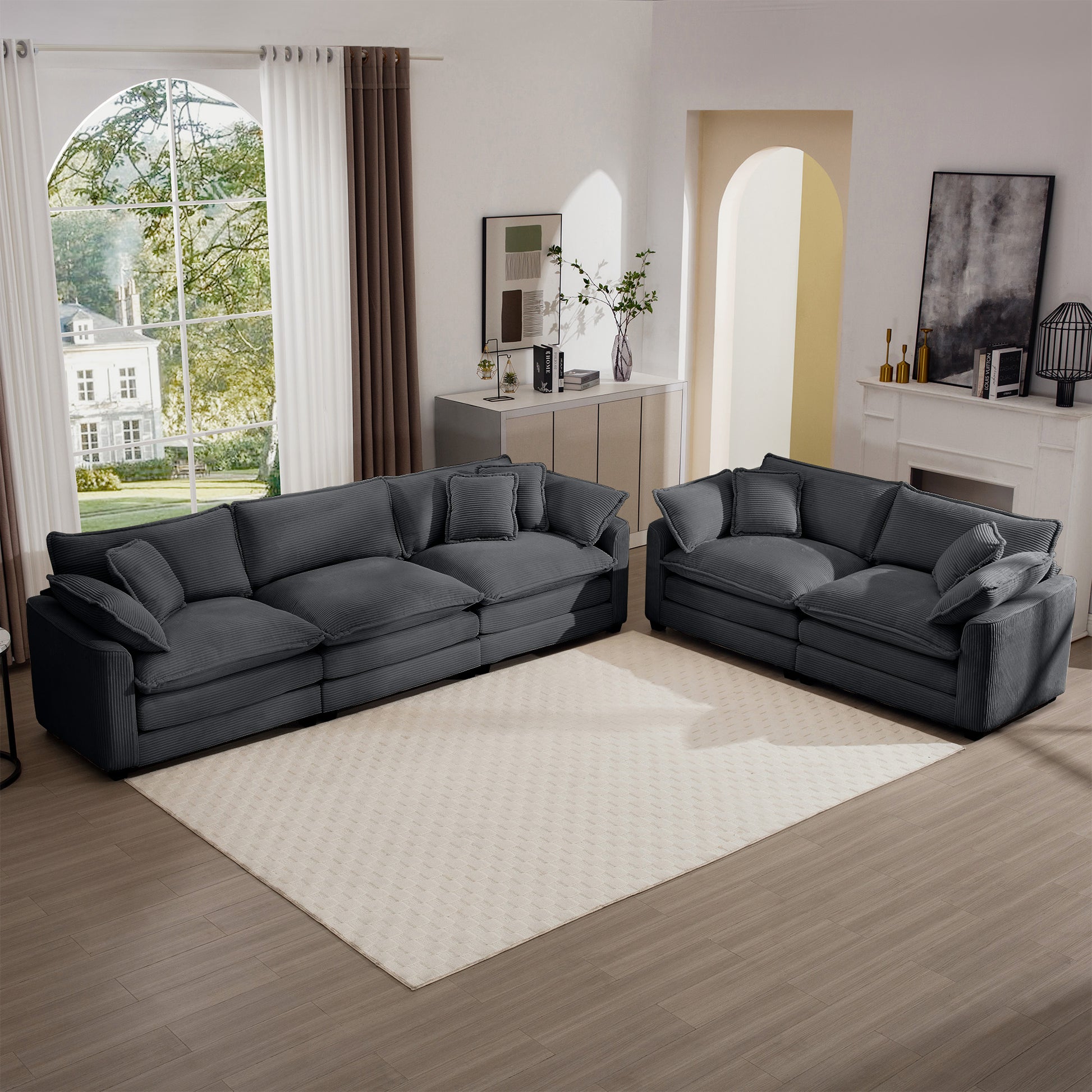 Spacious charcoal corduroy sectional sofa with plush throw pillows for modern living rooms