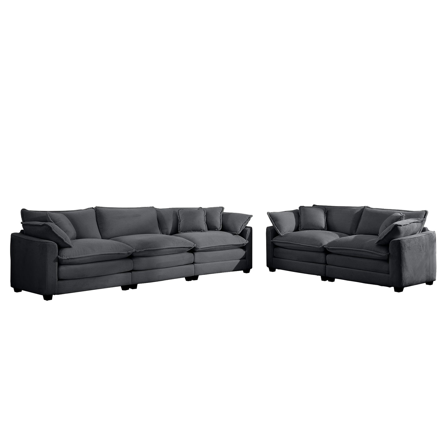 Dark gray corduroy modular sofa with plush cushions and throw pillows
