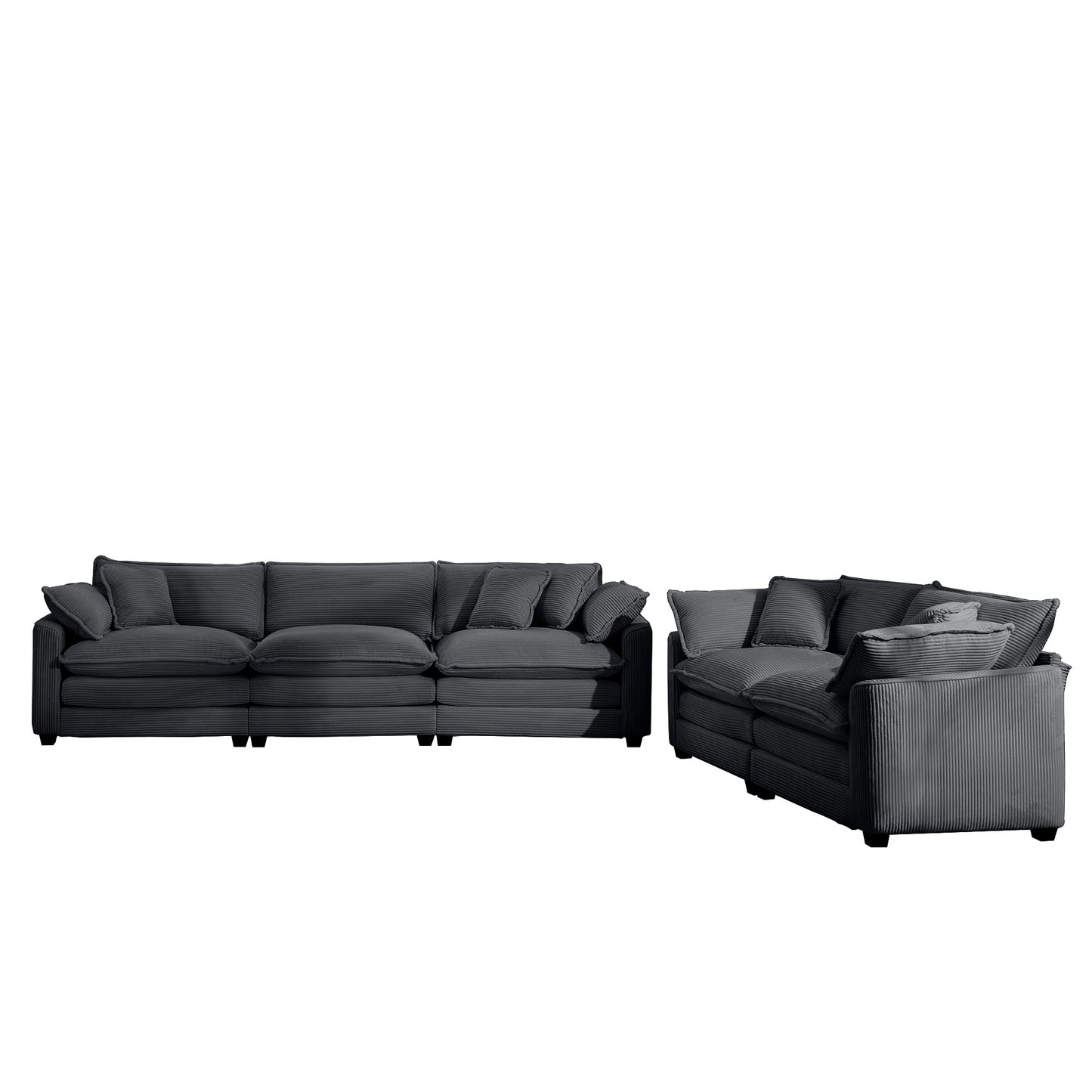 Deep charcoal corduroy sectional sofa with plush cushions and squared arms